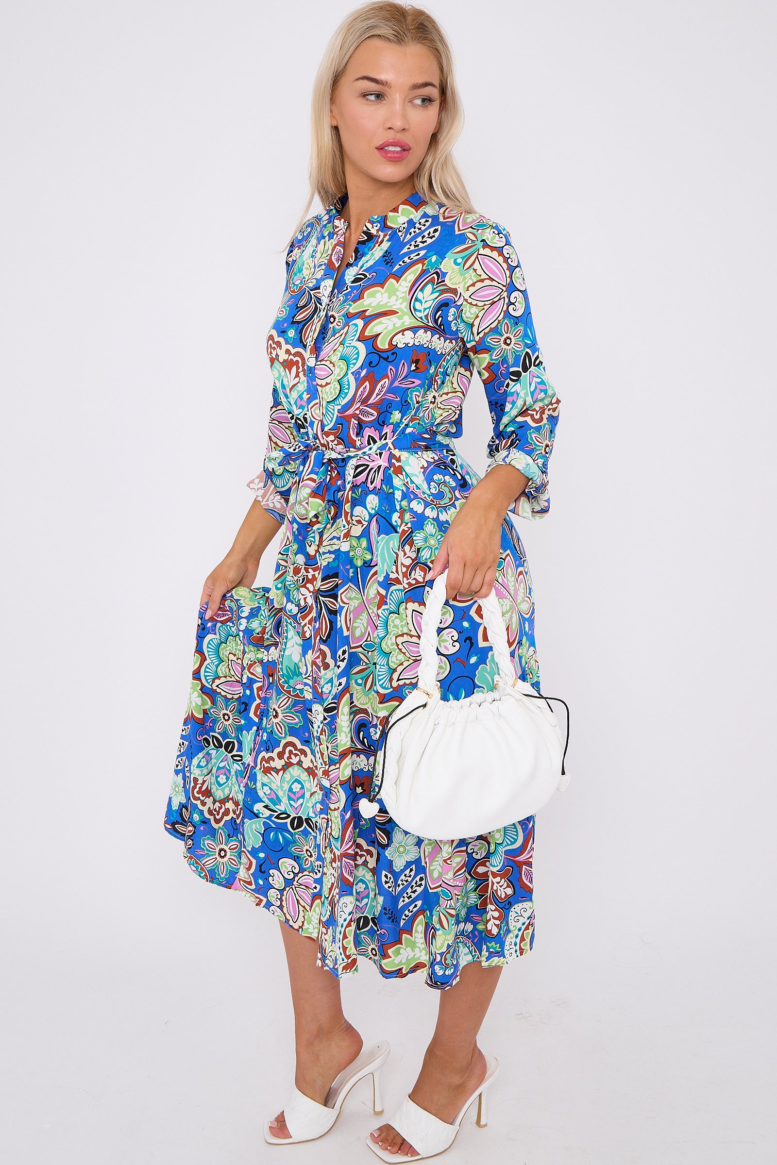 Blue Multi Floral Print Long Sleeve Midi Dress