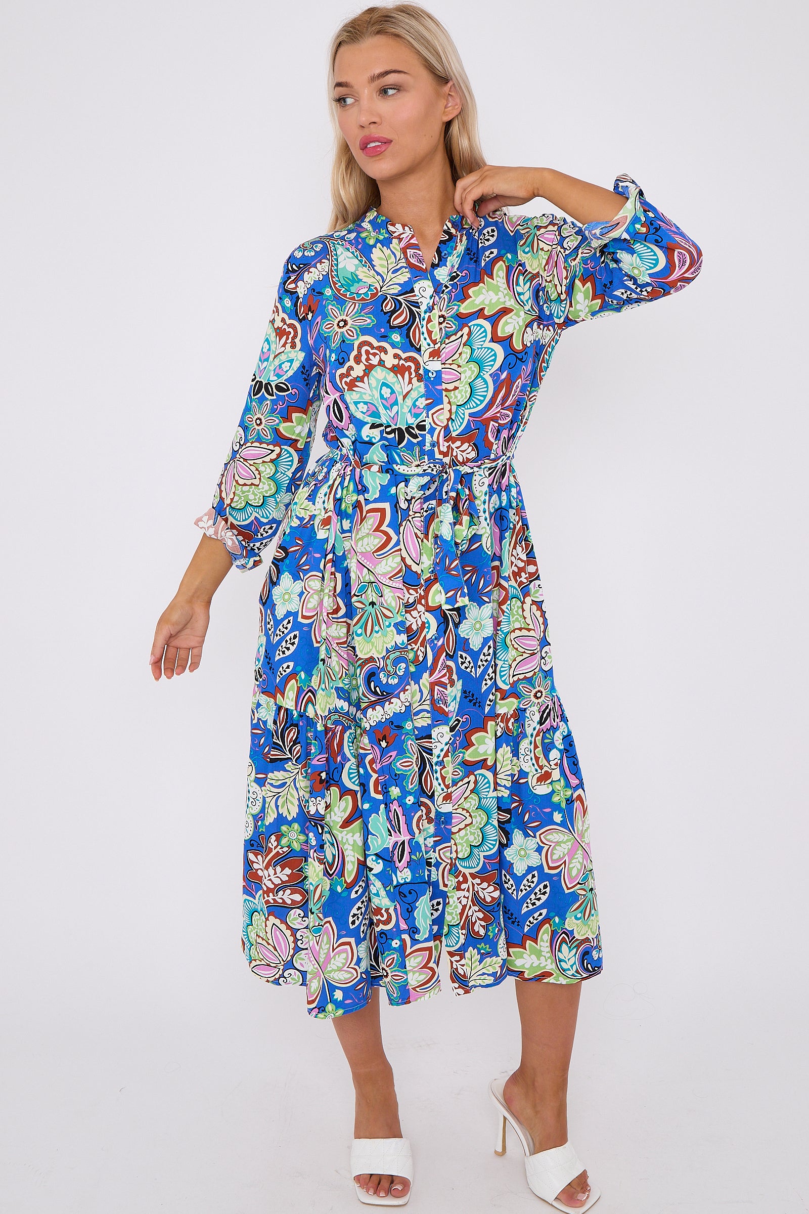 Blue Multi Floral Print Long Sleeve Midi Dress