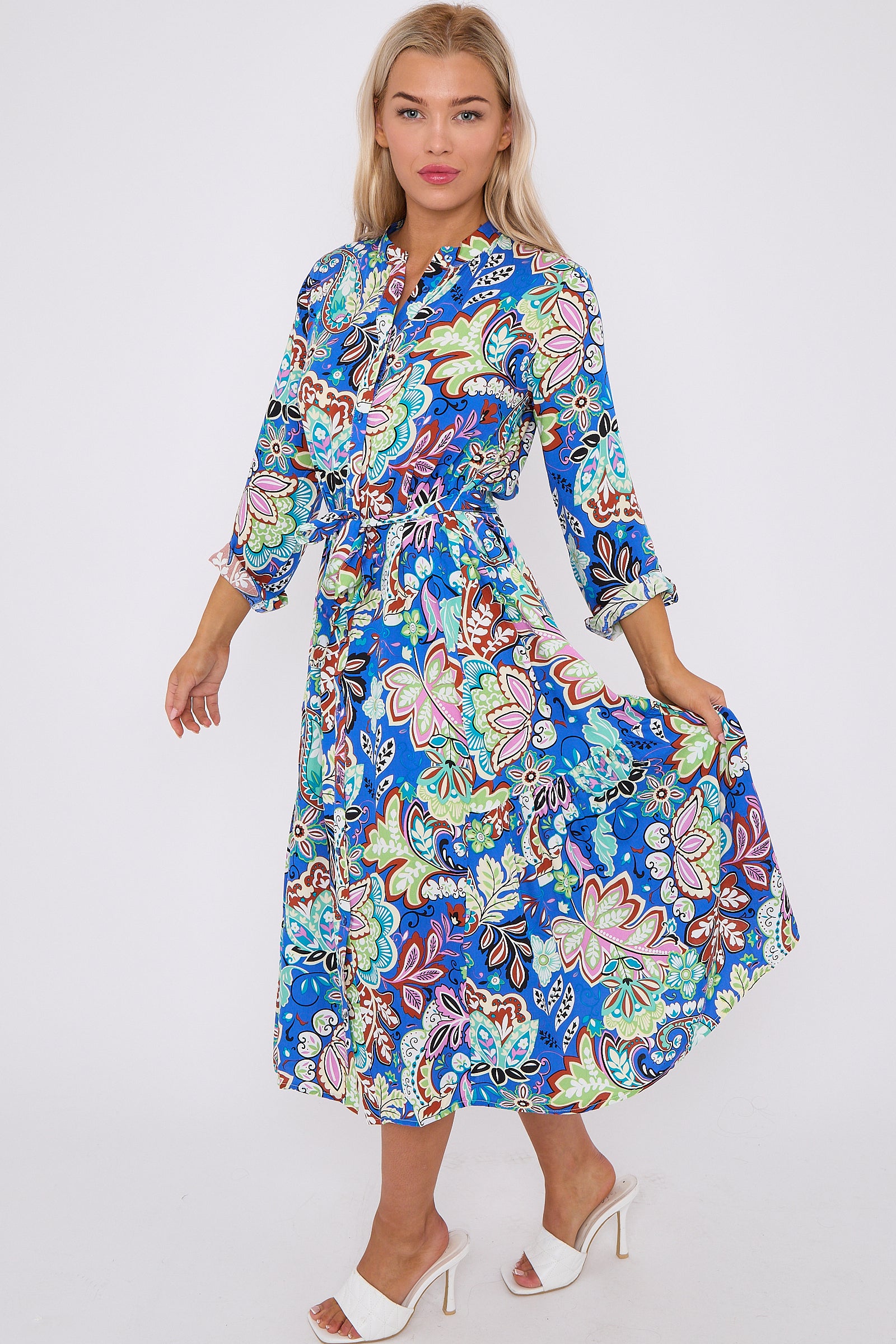 Blue Multi Floral Print Long Sleeve Midi Dress