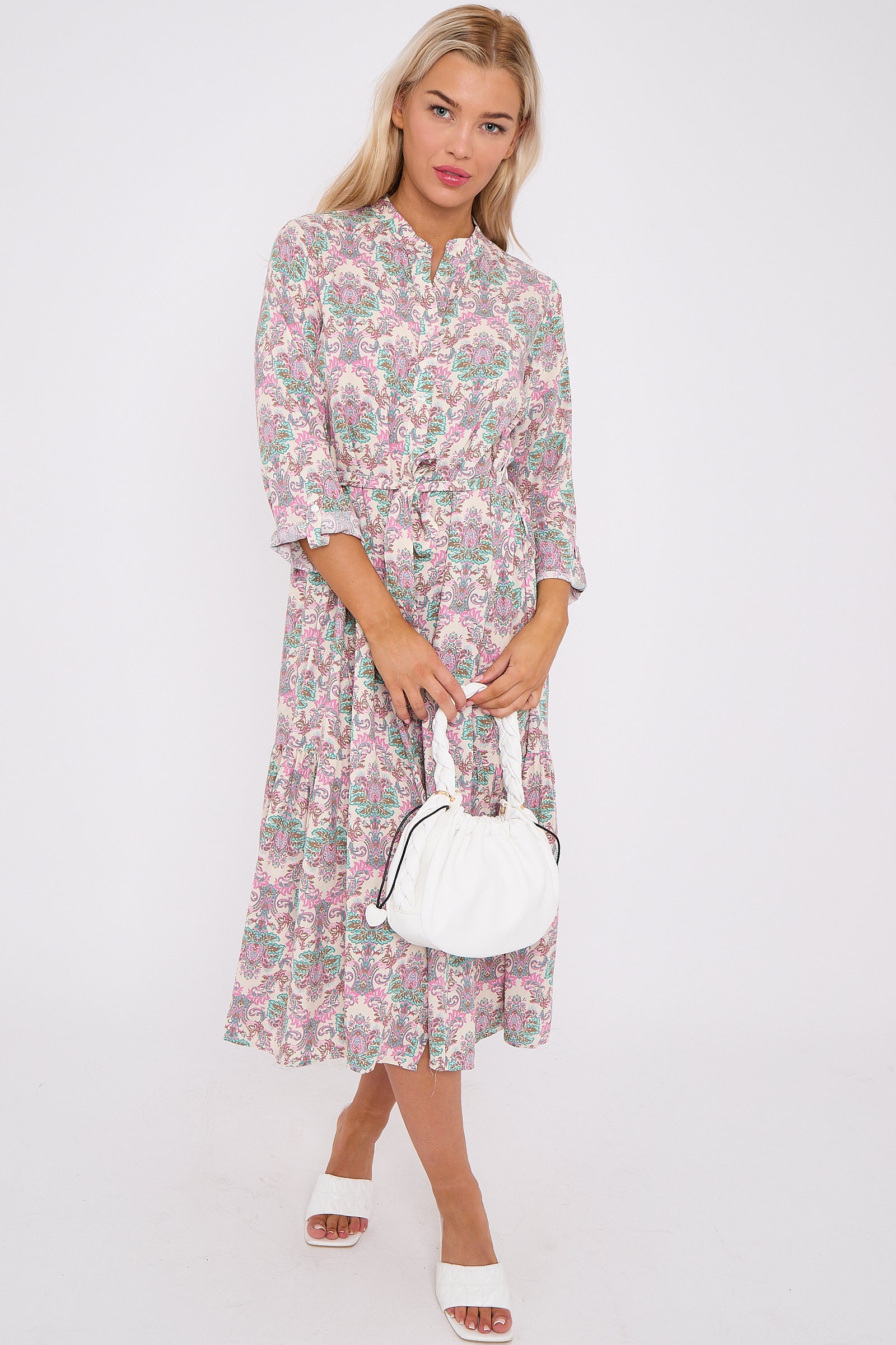 White Bohemian Print Long Sleeve Midi Dress