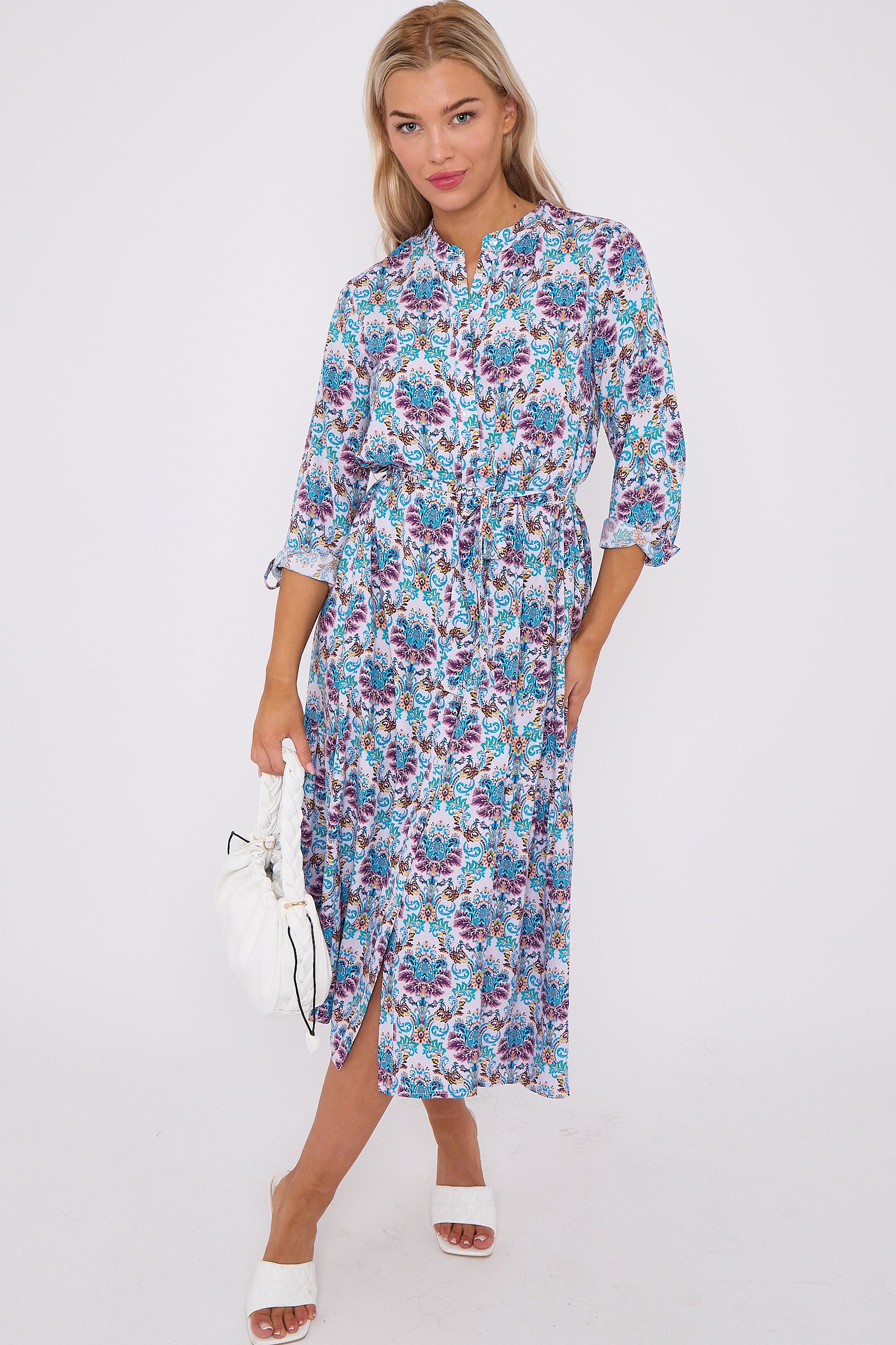 Blue Bohemian Print Long Sleeve Midi Dress