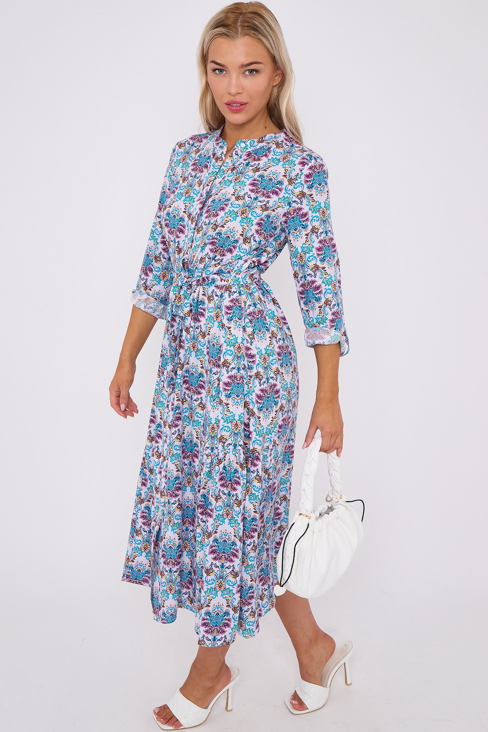 Blue Bohemian Print Long Sleeve Midi Dress