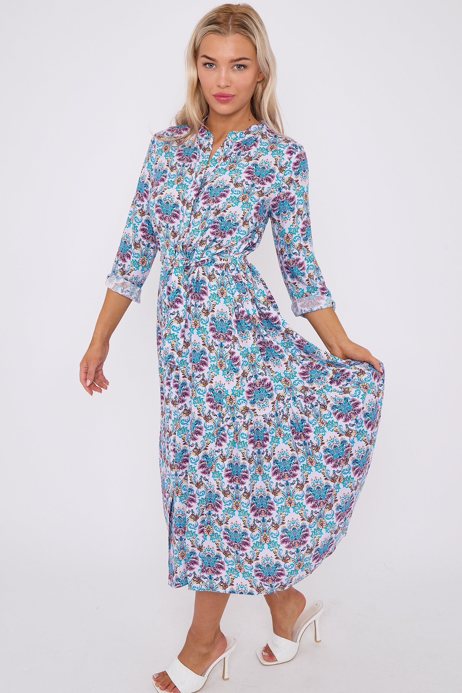 Blue Bohemian Print Long Sleeve Midi Dress