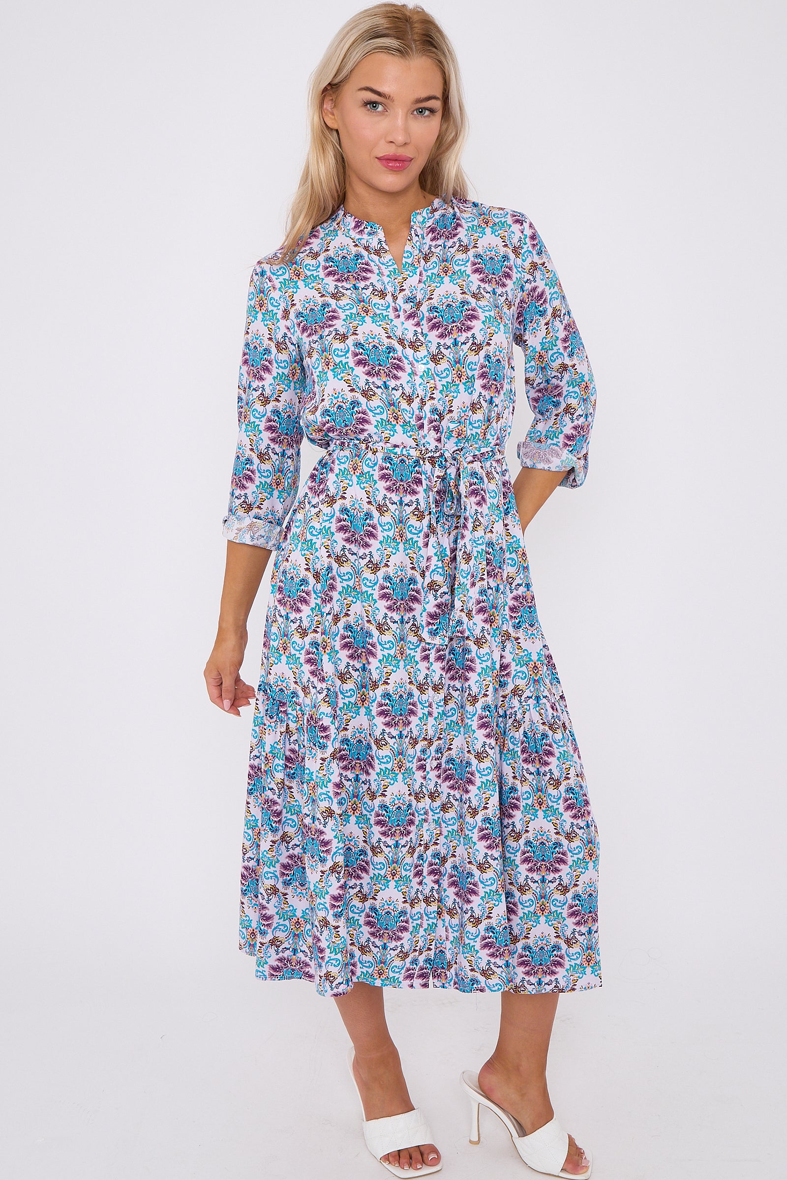 Blue Bohemian Print Long Sleeve Midi Dress