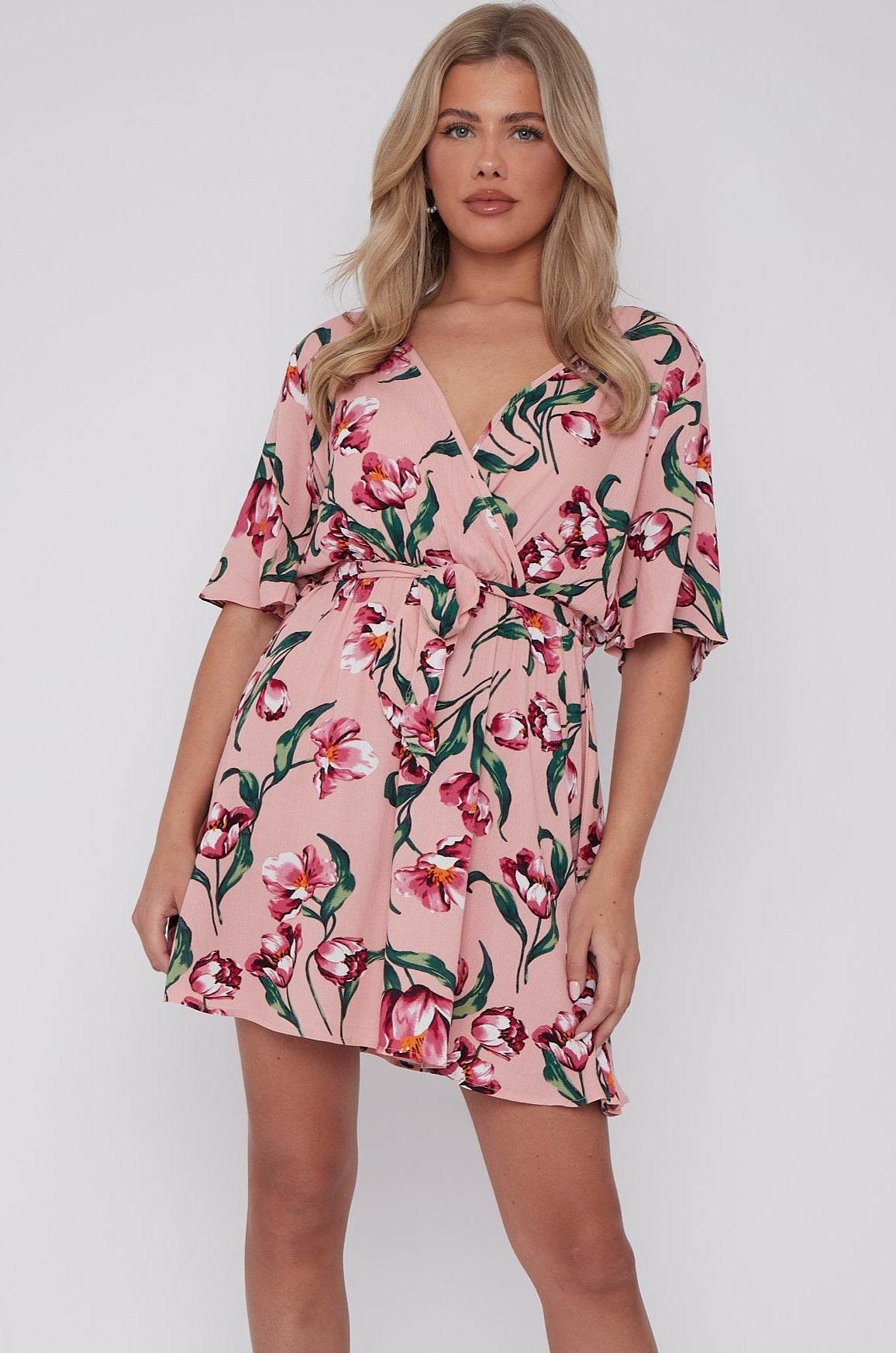 Pink Floral Print Cheese Cloth Wrapped Mini Dress