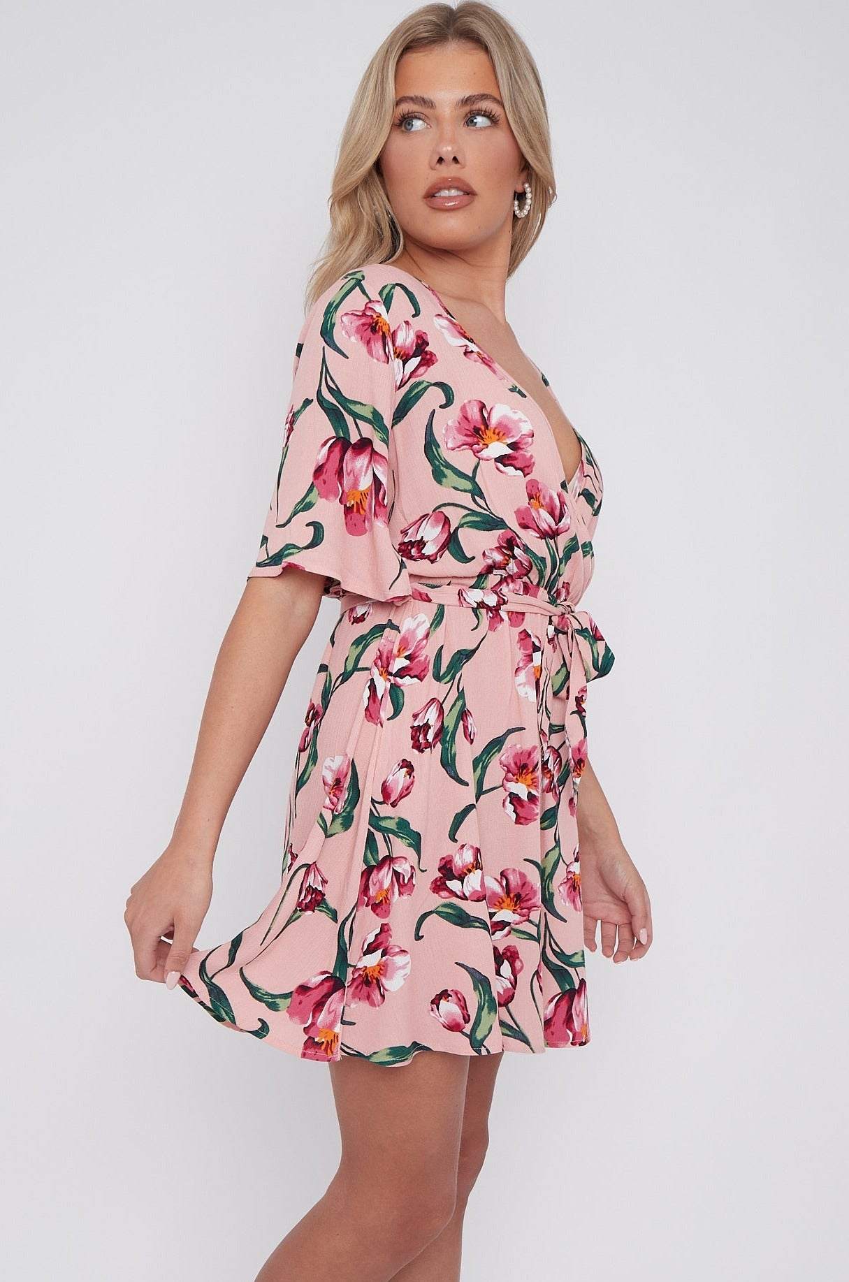 Pink Floral Print Cheese Cloth Wrapped Mini Dress