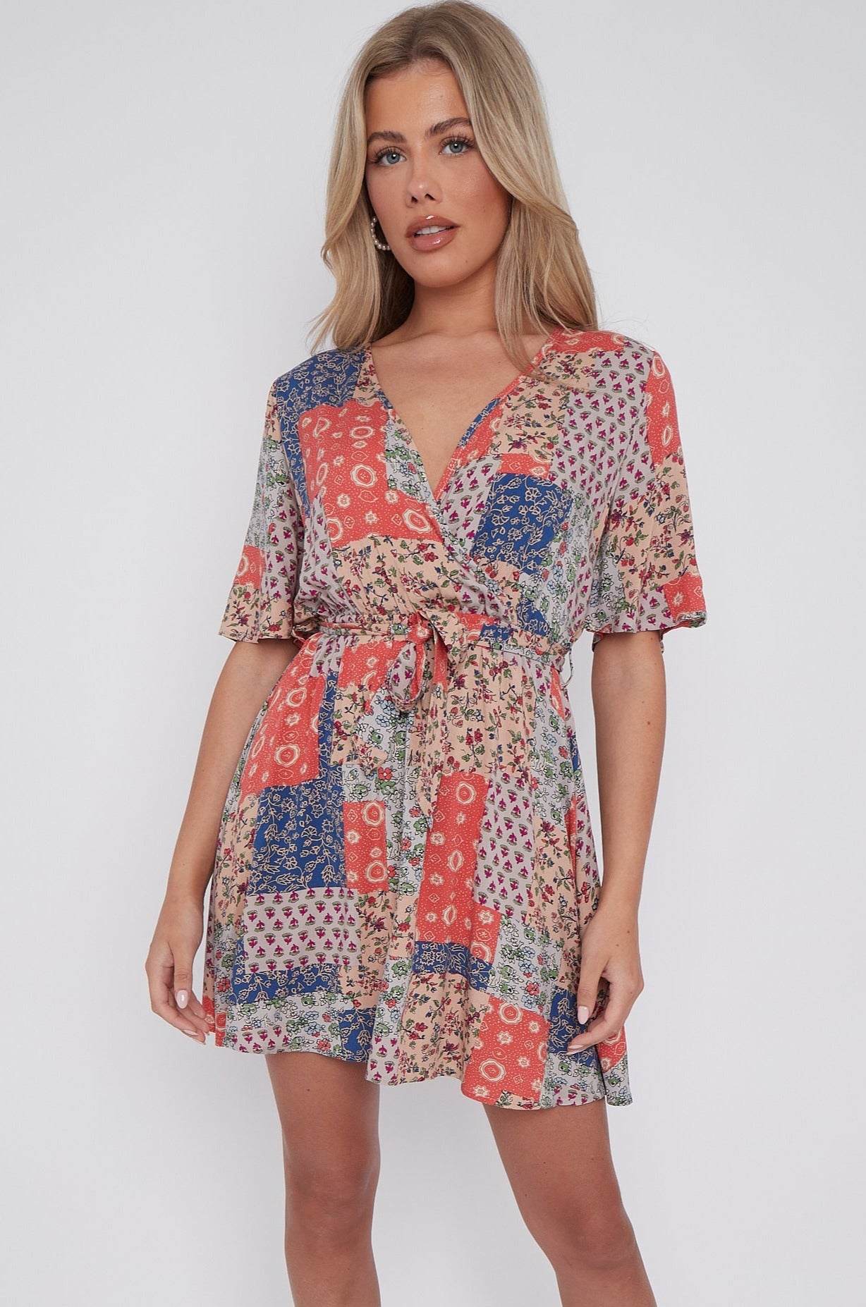 Multi Floral Patch Print Wrapped Mini Dress