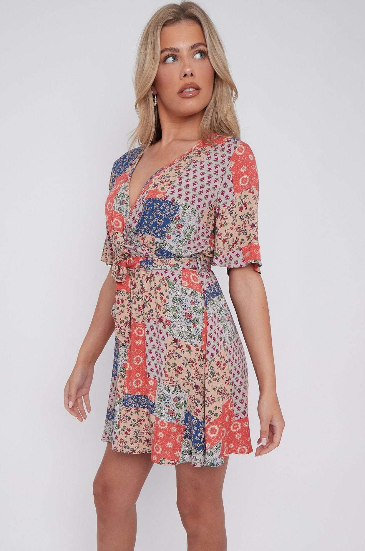 Multi Floral Patch Print Wrapped Mini Dress