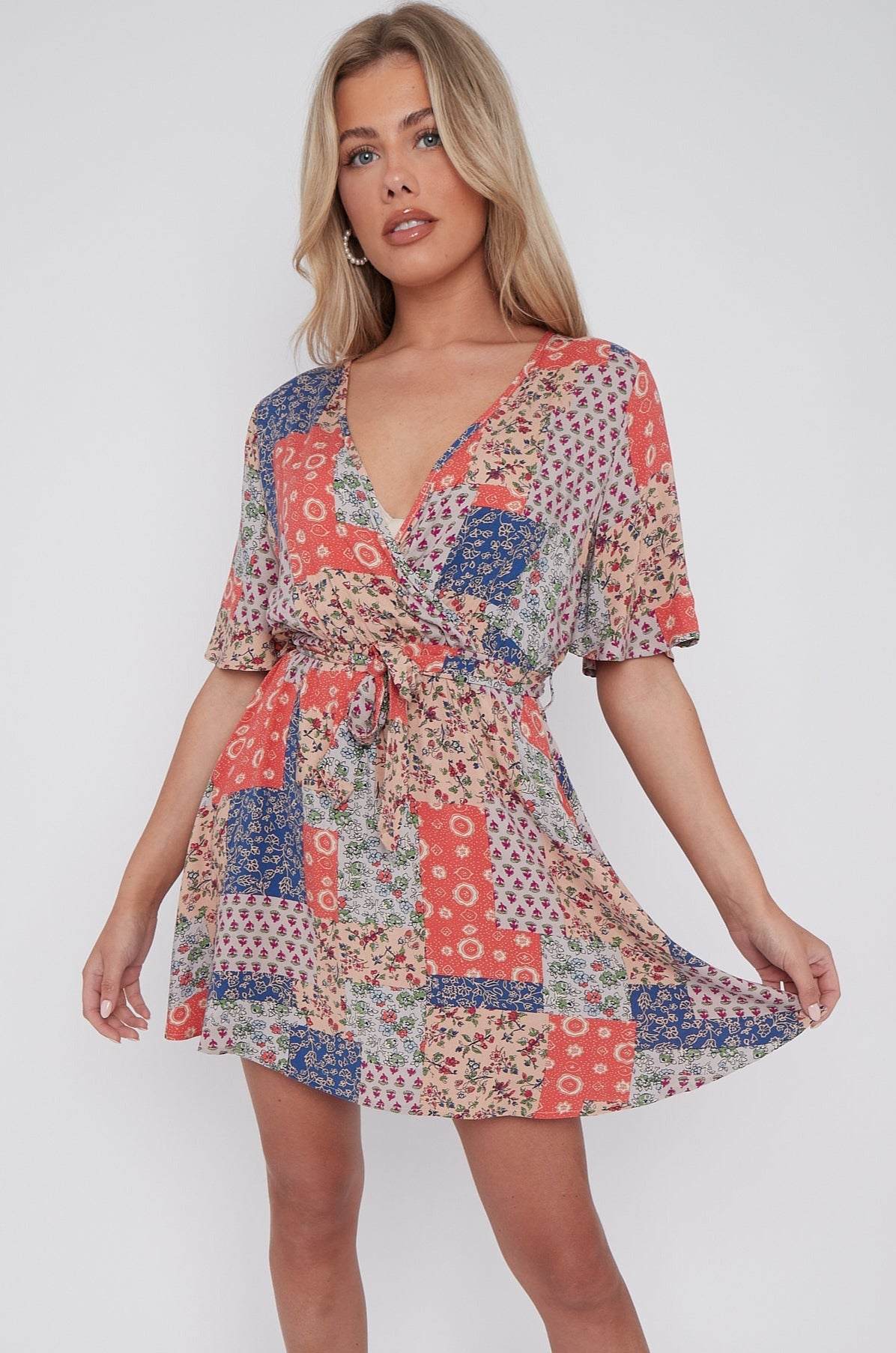 Multi Floral Patch Print Wrapped Mini Dress