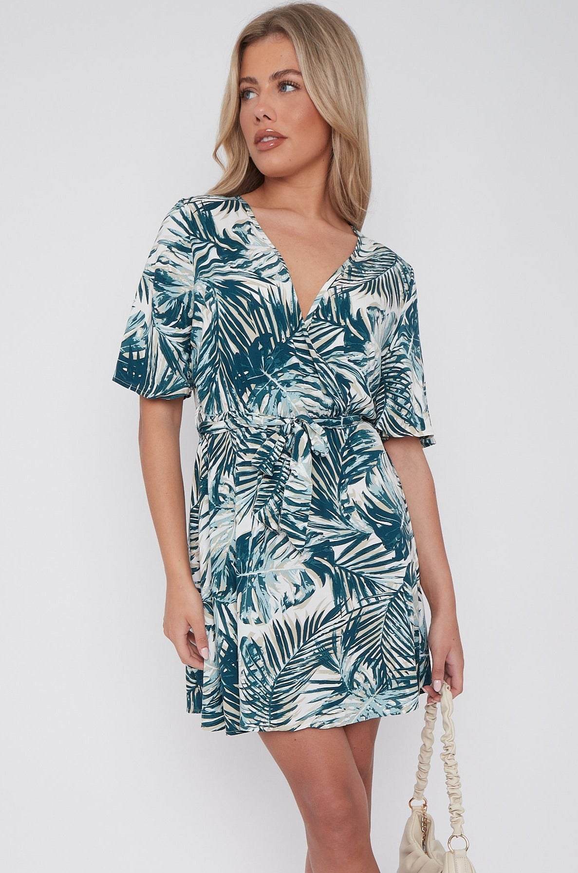 Palm Leaf Print Wrapped Mini Dress