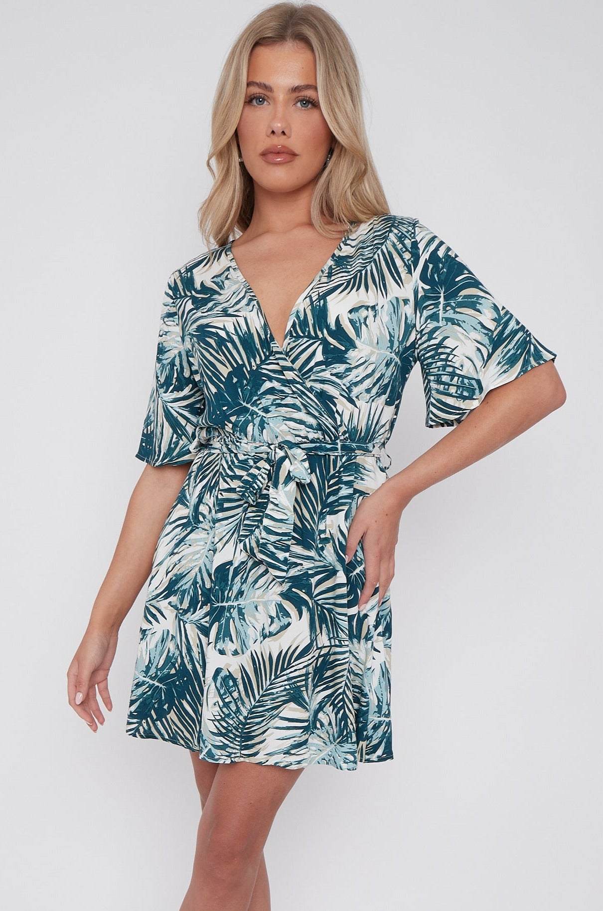 Palm Leaf Print Wrapped Mini Dress