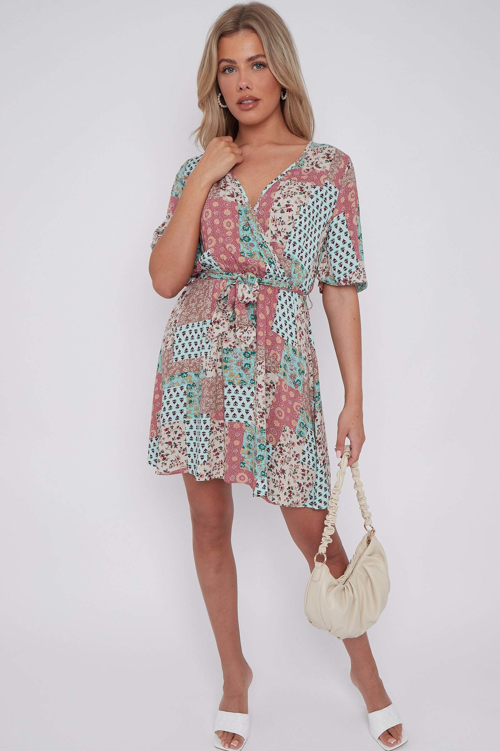 Multi Floral Patch Print Wrapped Mini Dress