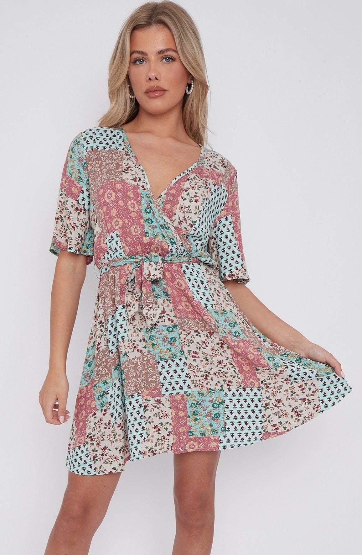 Multi Floral Patch Print Wrapped Mini Dress