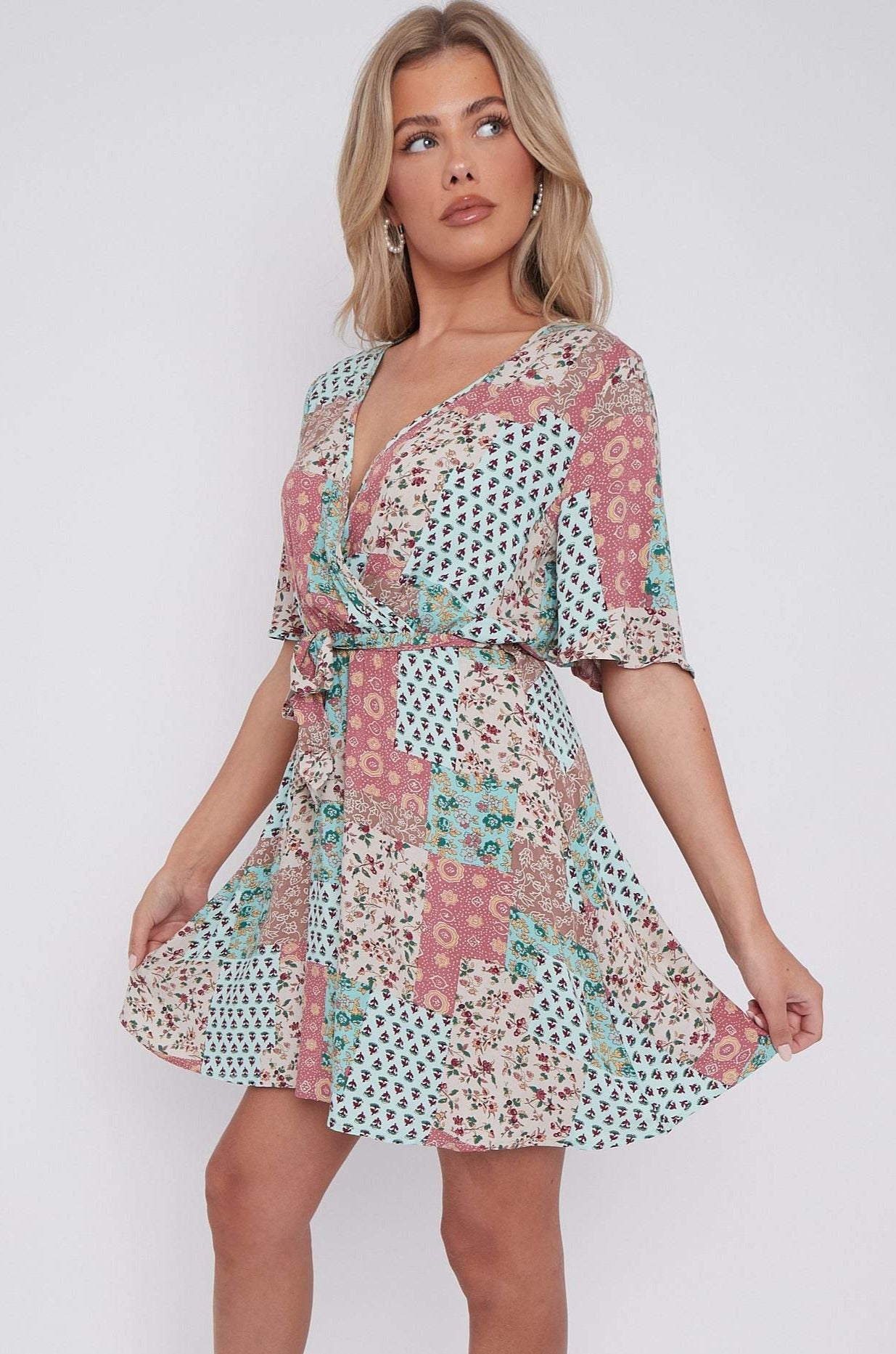 Multi Floral Patch Print Wrapped Mini Dress