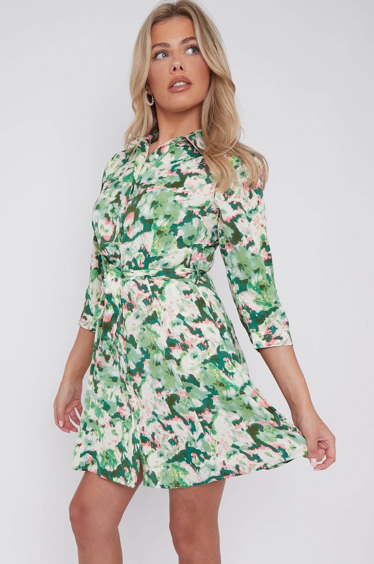 Green Tie Dye Print Belted Mini Shirt Dress