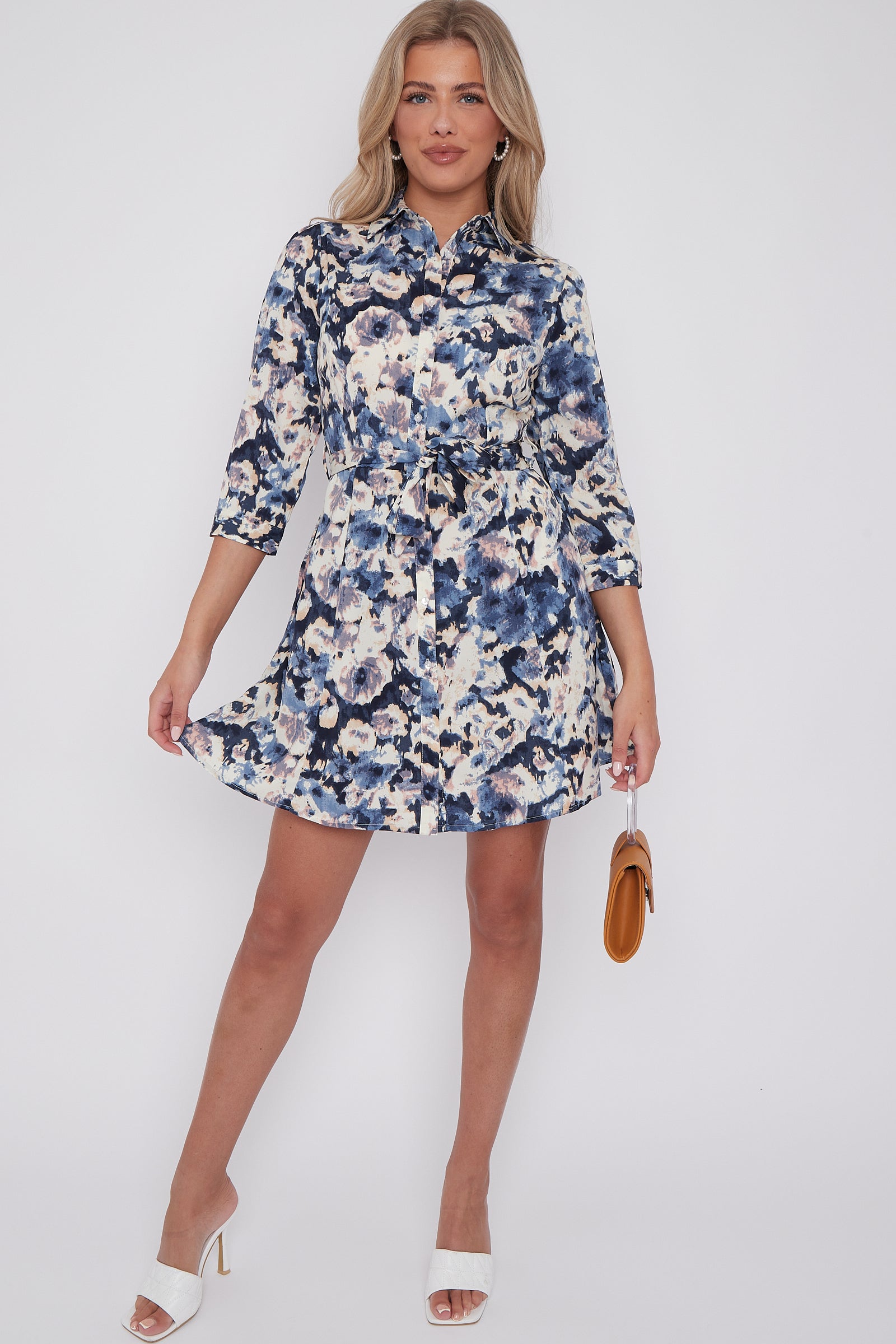 Blue Tie Dye Print Belted Mini Shirt Dress