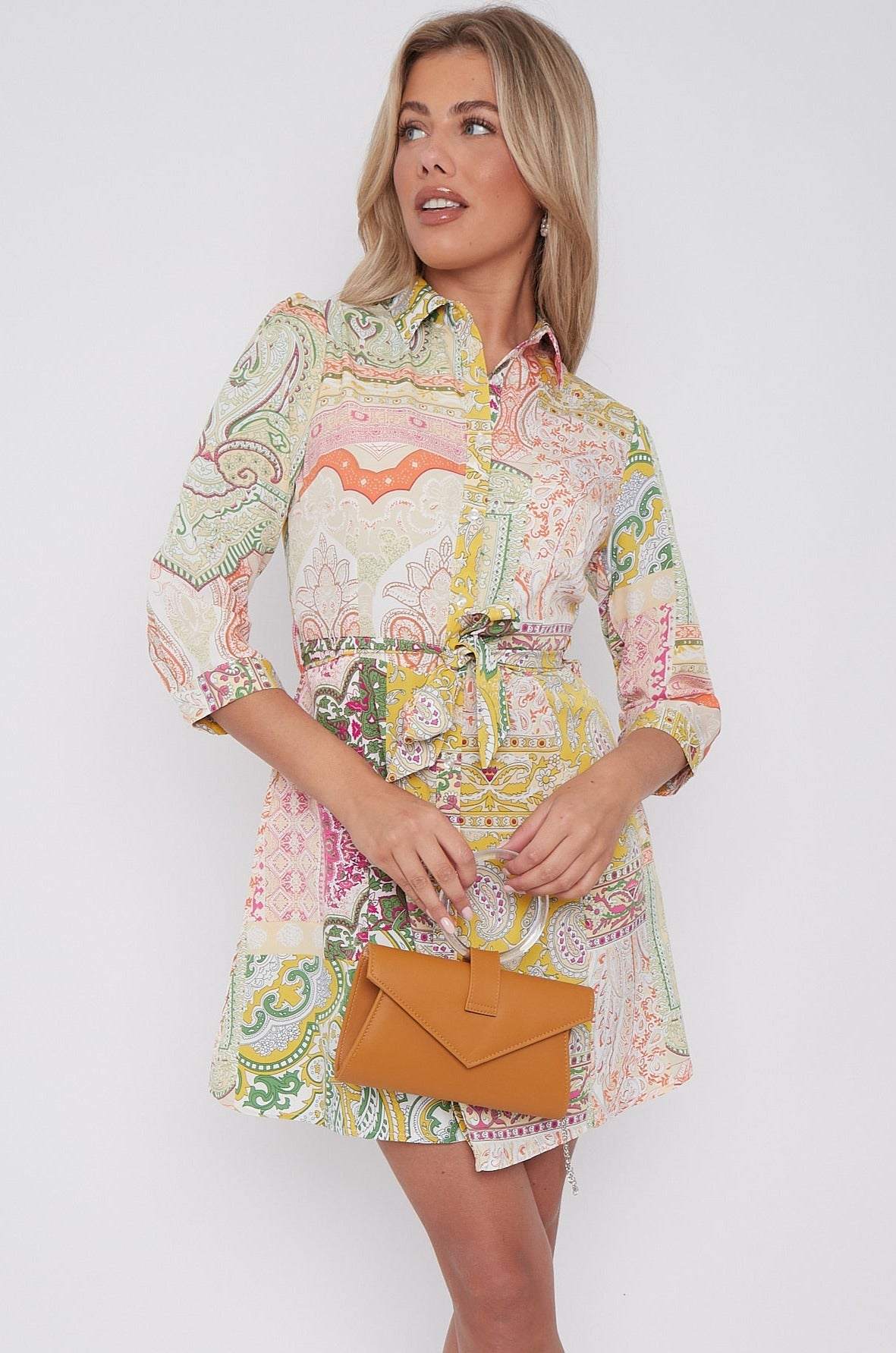 Mixed Paisley Patch Print Belted Mini Shirt Dress