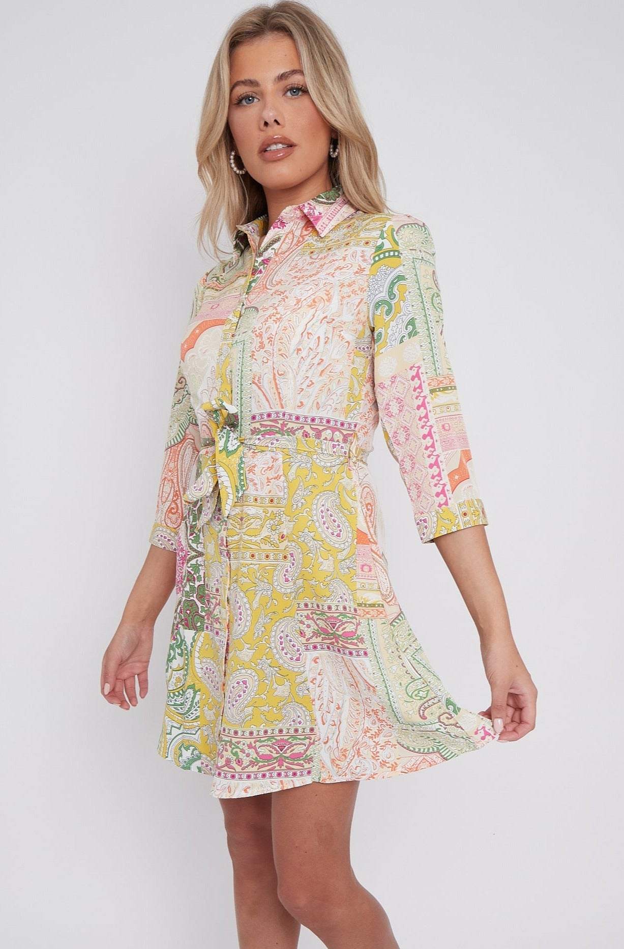 Mixed Paisley Patch Print Belted Mini Shirt Dress