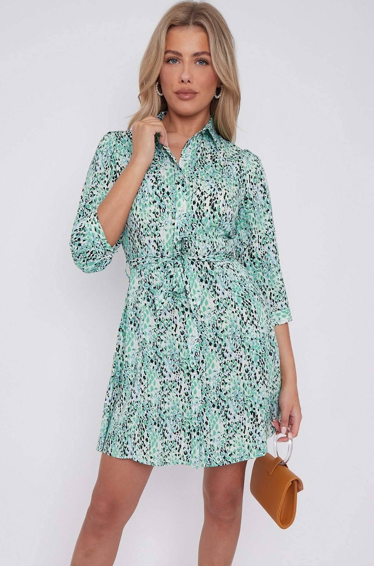 Green Leopard Print Belted Mini Shirt Dress