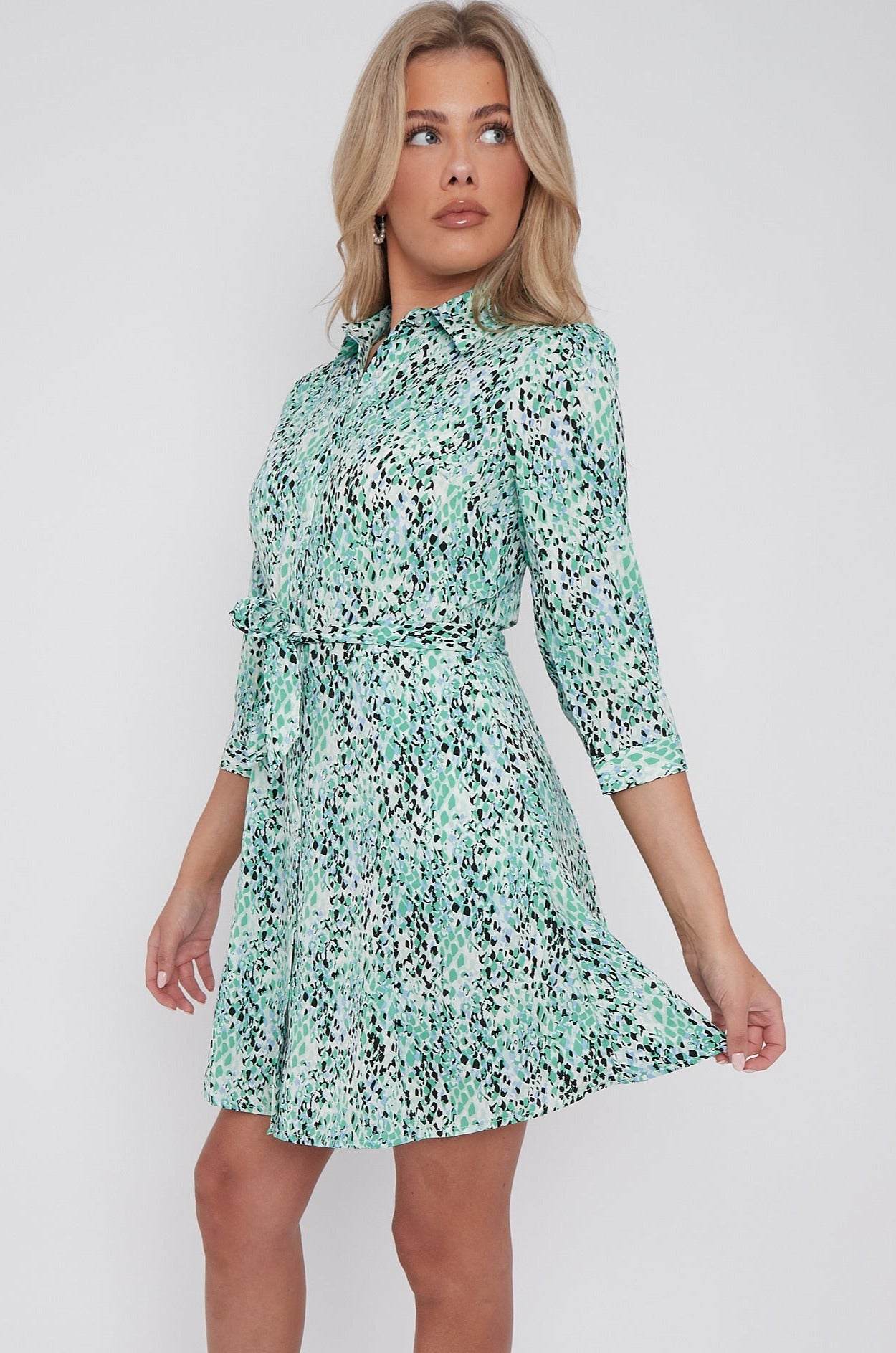 Green Leopard Print Belted Mini Shirt Dress