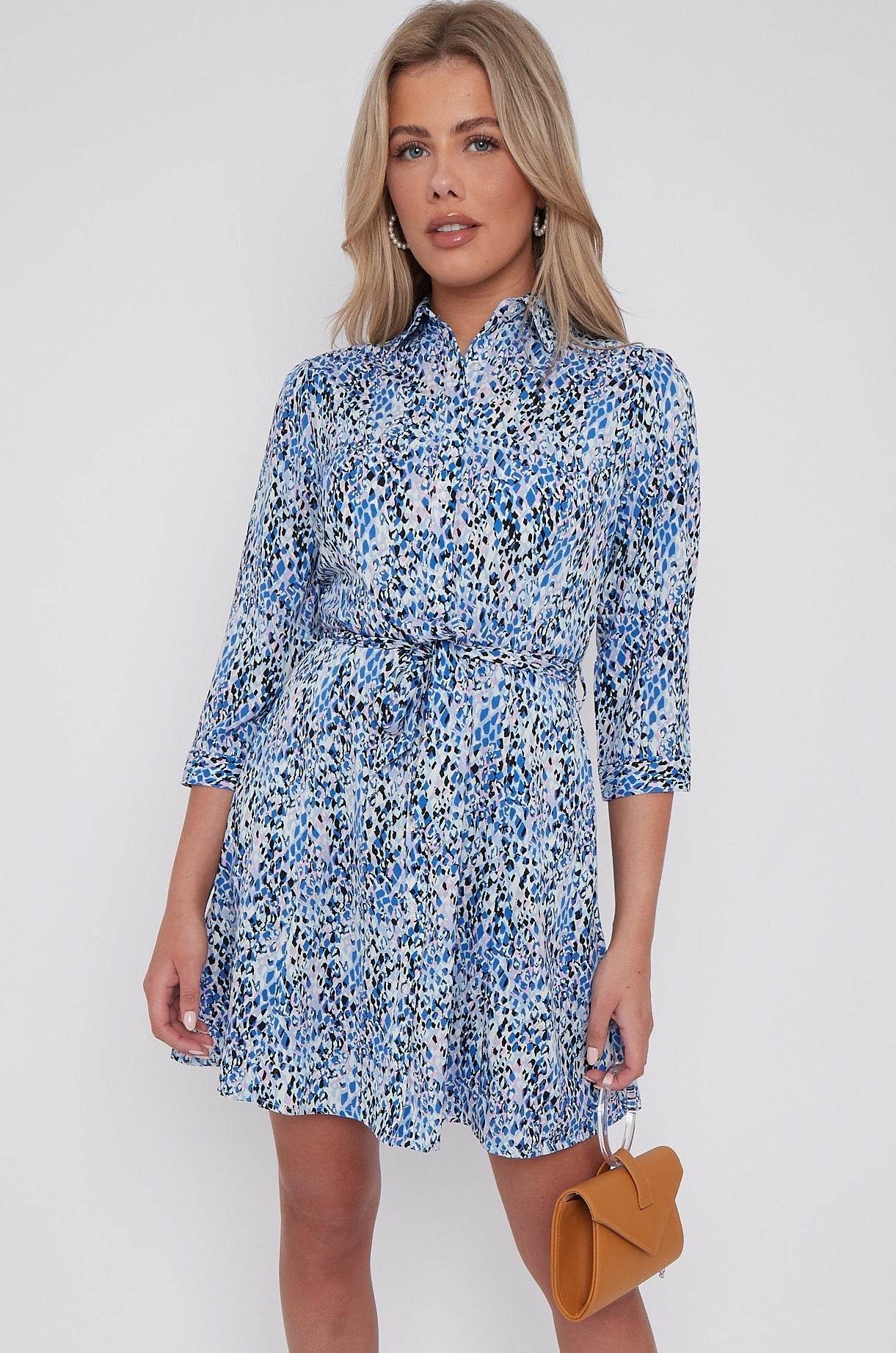 Blue Leopard Print Belted Mini Shirt Dress