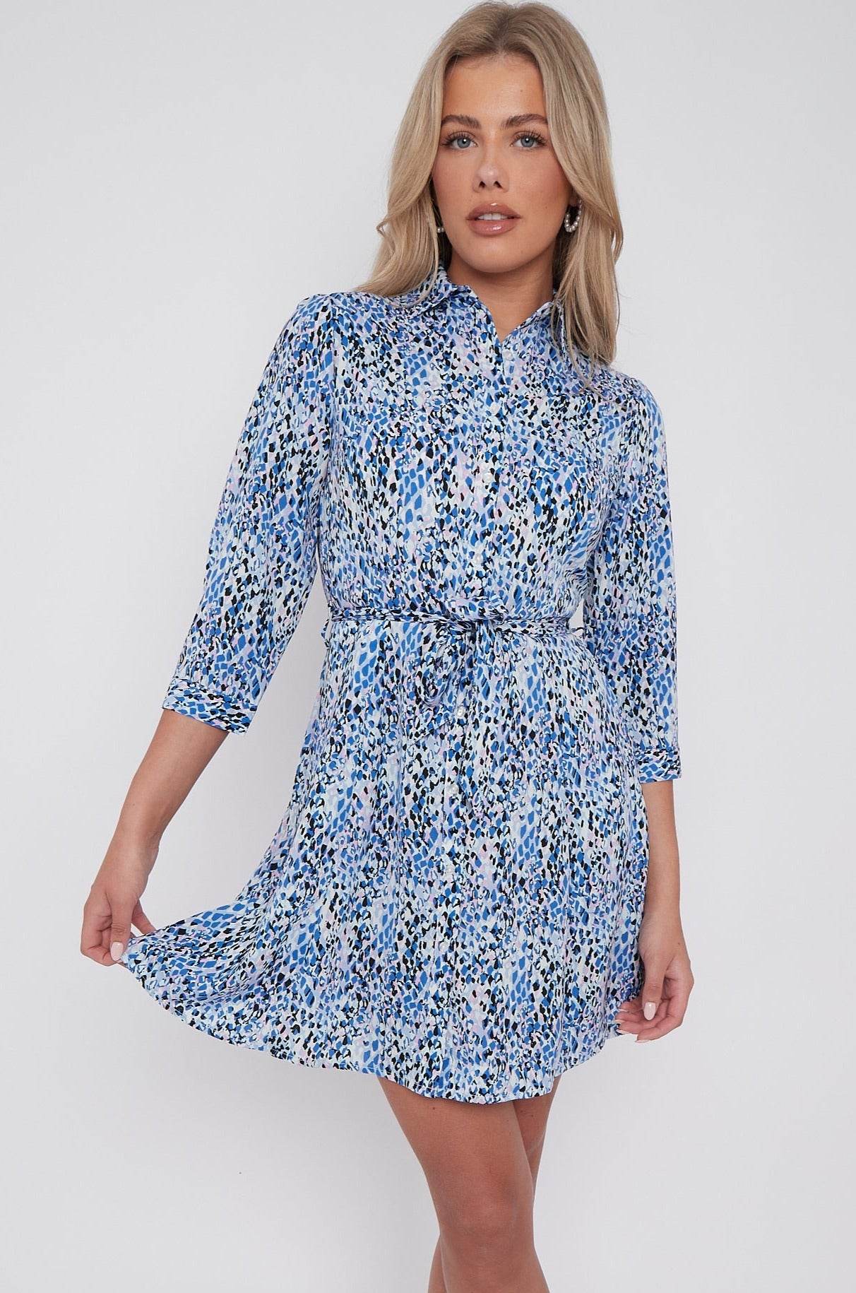 Blue Leopard Print Belted Mini Shirt Dress