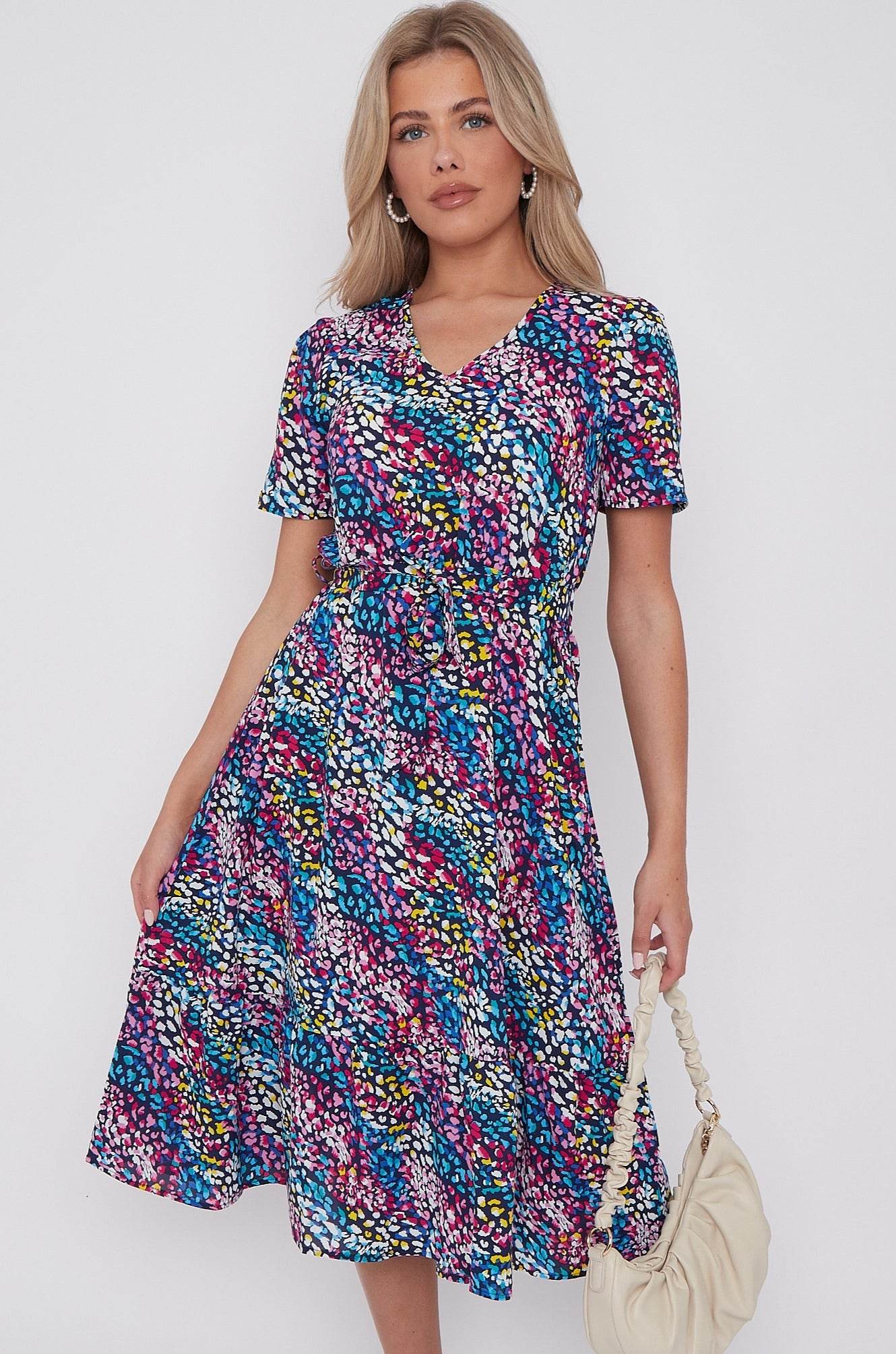 Navy Rainbow Leopard Print V Neck Frilled Hem Midi Dress