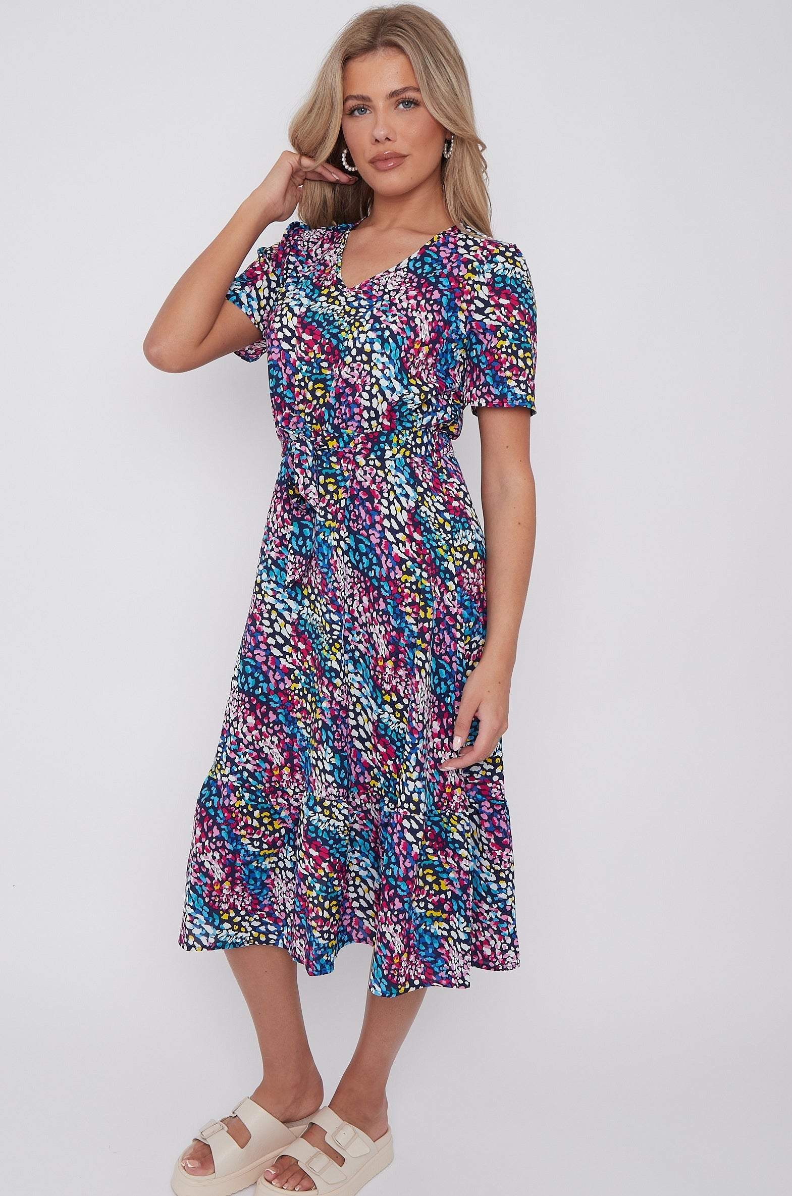 Navy Rainbow Leopard Print V Neck Frilled Hem Midi Dress