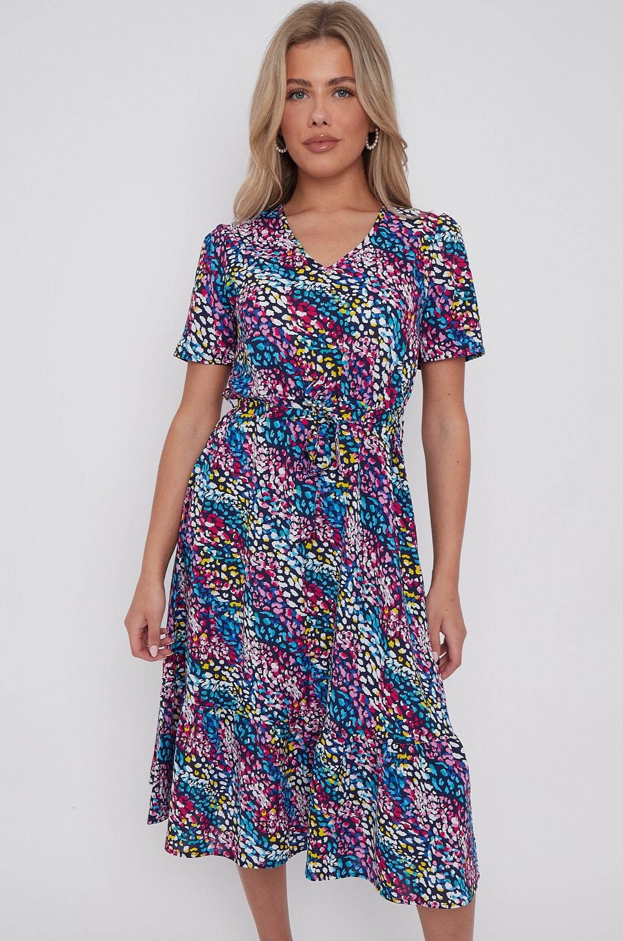 Navy Rainbow Leopard Print V Neck Frilled Hem Midi Dress