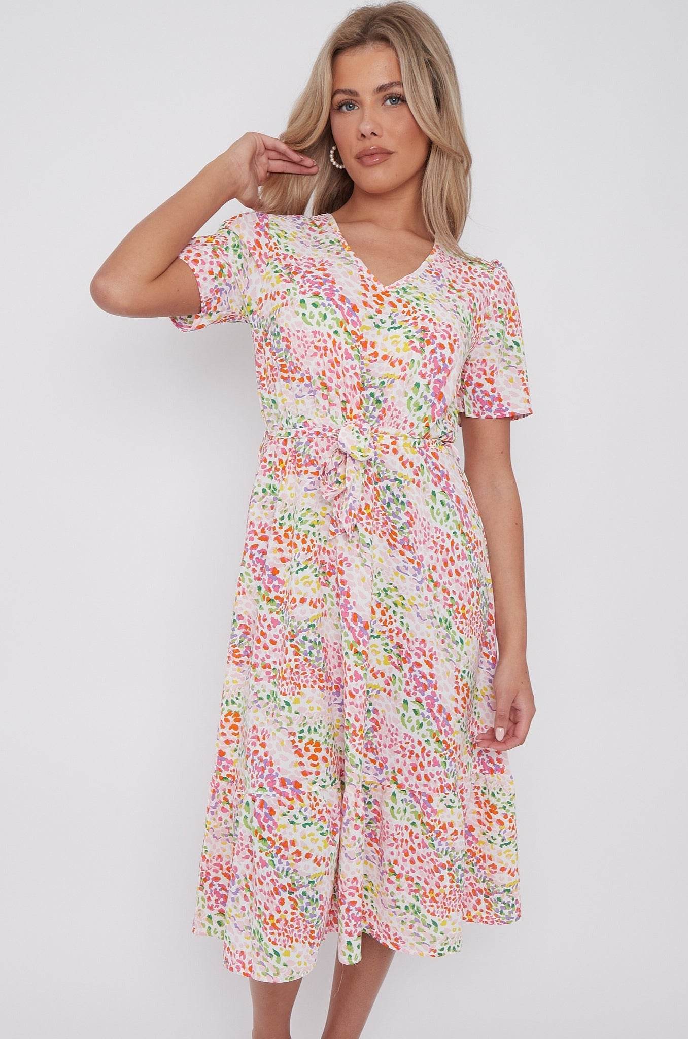 Rainbow Leopard Print V Neck Frilled Hem Midi Dress