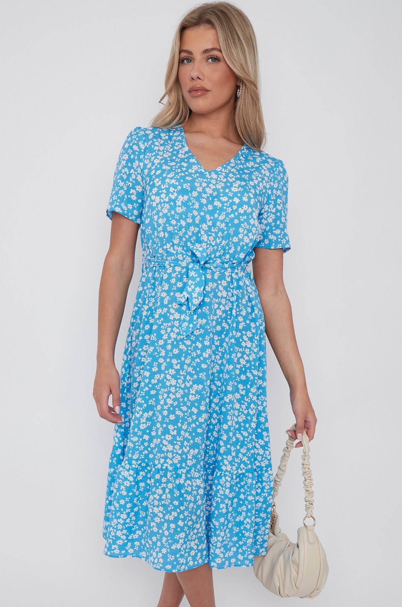 Blue Floral Print V Neck Frilled Hem Midi Dress