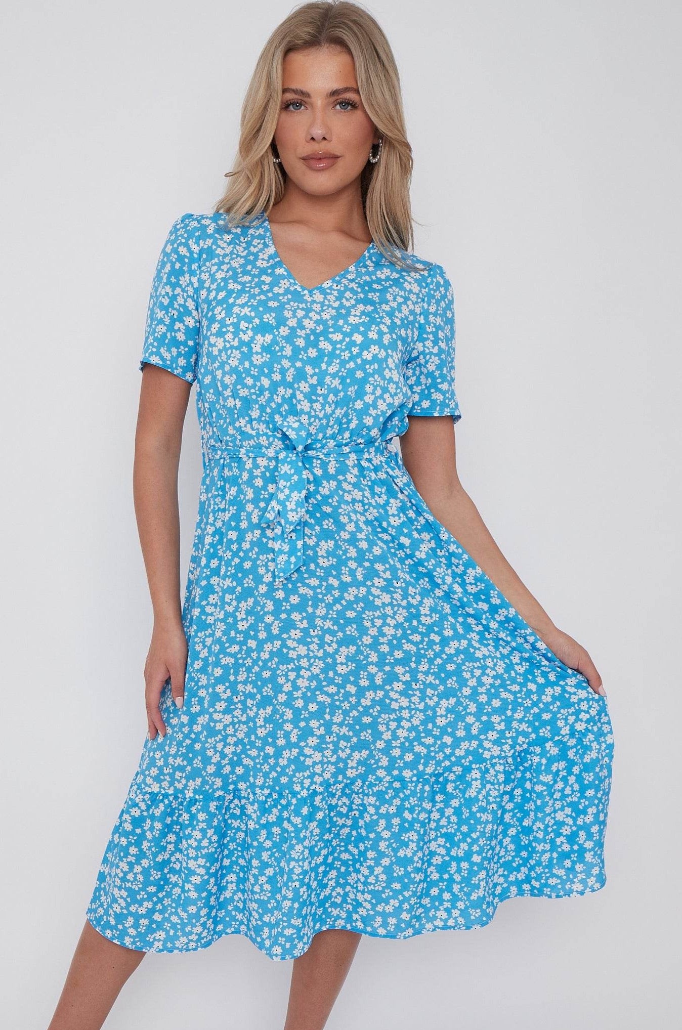 Blue Floral Print V Neck Frilled Hem Midi Dress