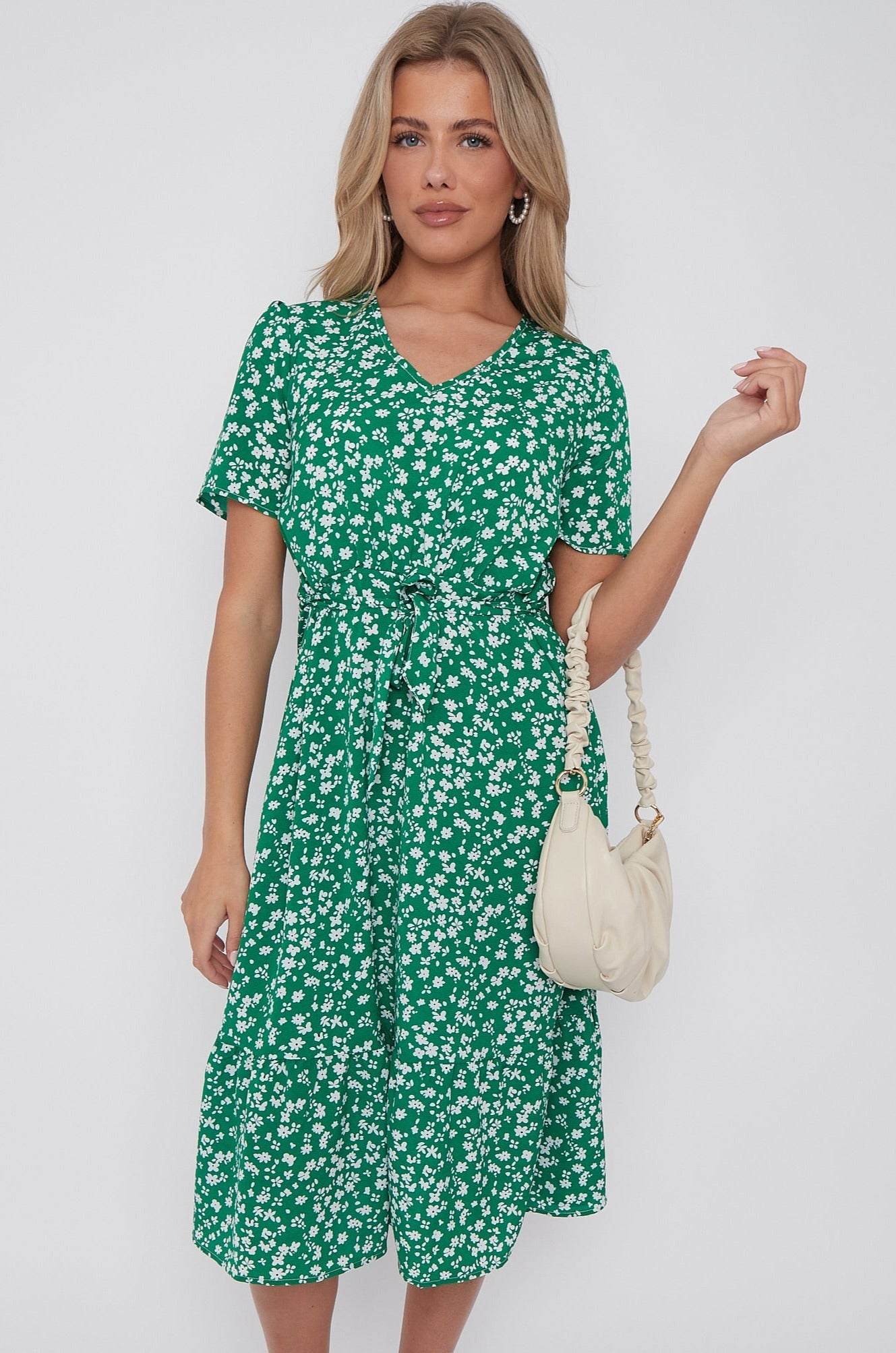 Green Floral Print V Neck Frilled Hem Midi Dress