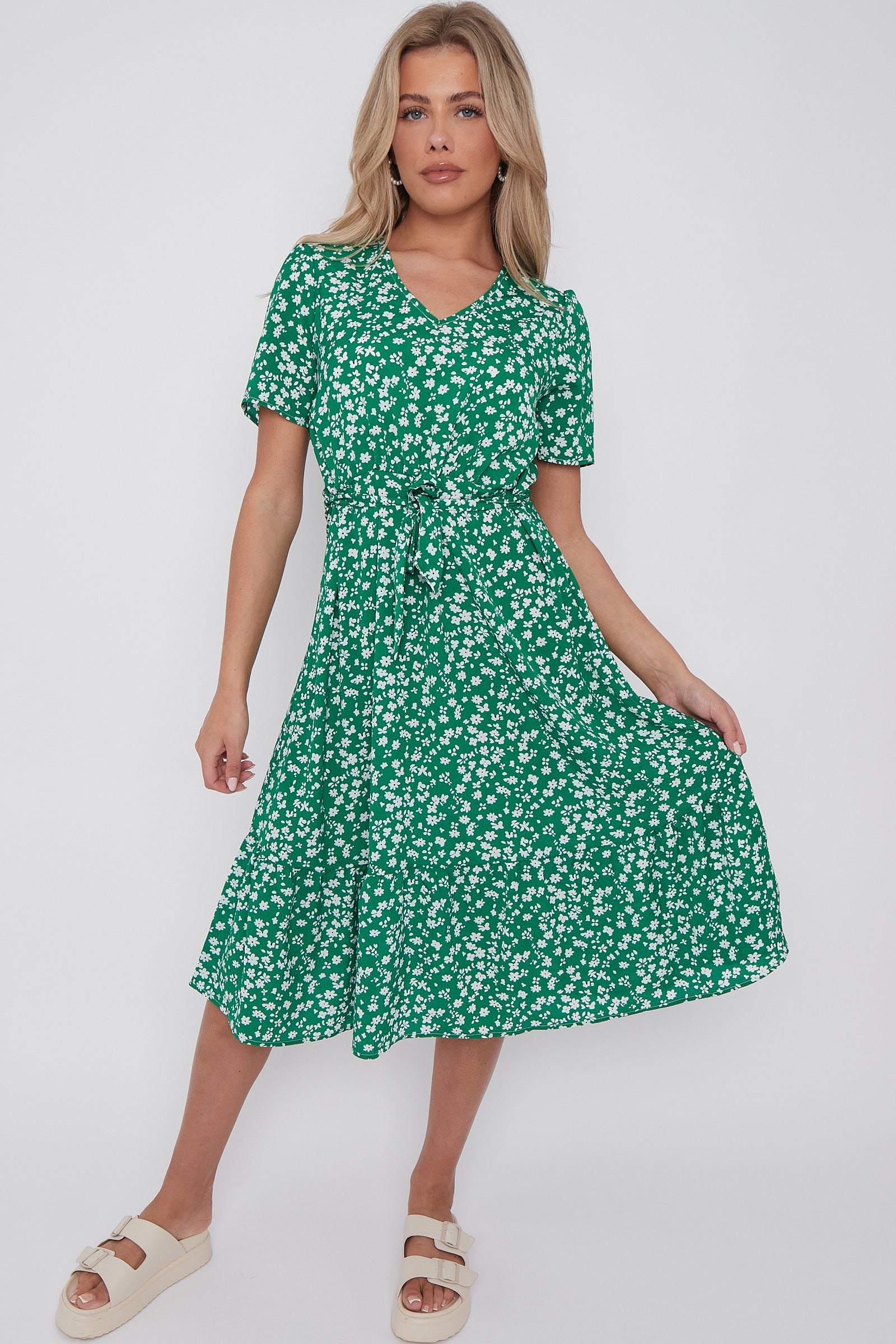 Green Floral Print V Neck Frilled Hem Midi Dress