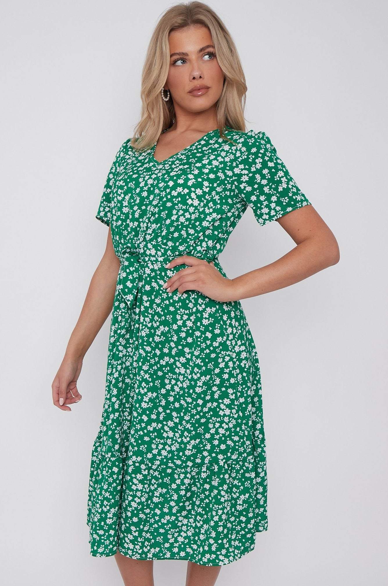 Green Floral Print V Neck Frilled Hem Midi Dress