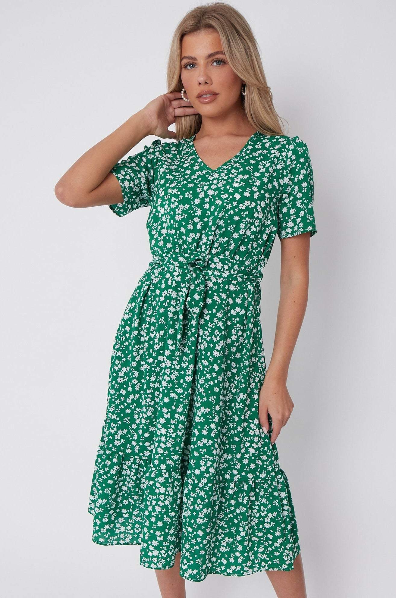 Green Floral Print V Neck Frilled Hem Midi Dress