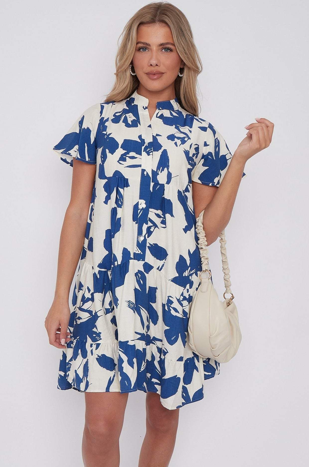 Blue Floral Print Short Sleeve Flared Mini Dress