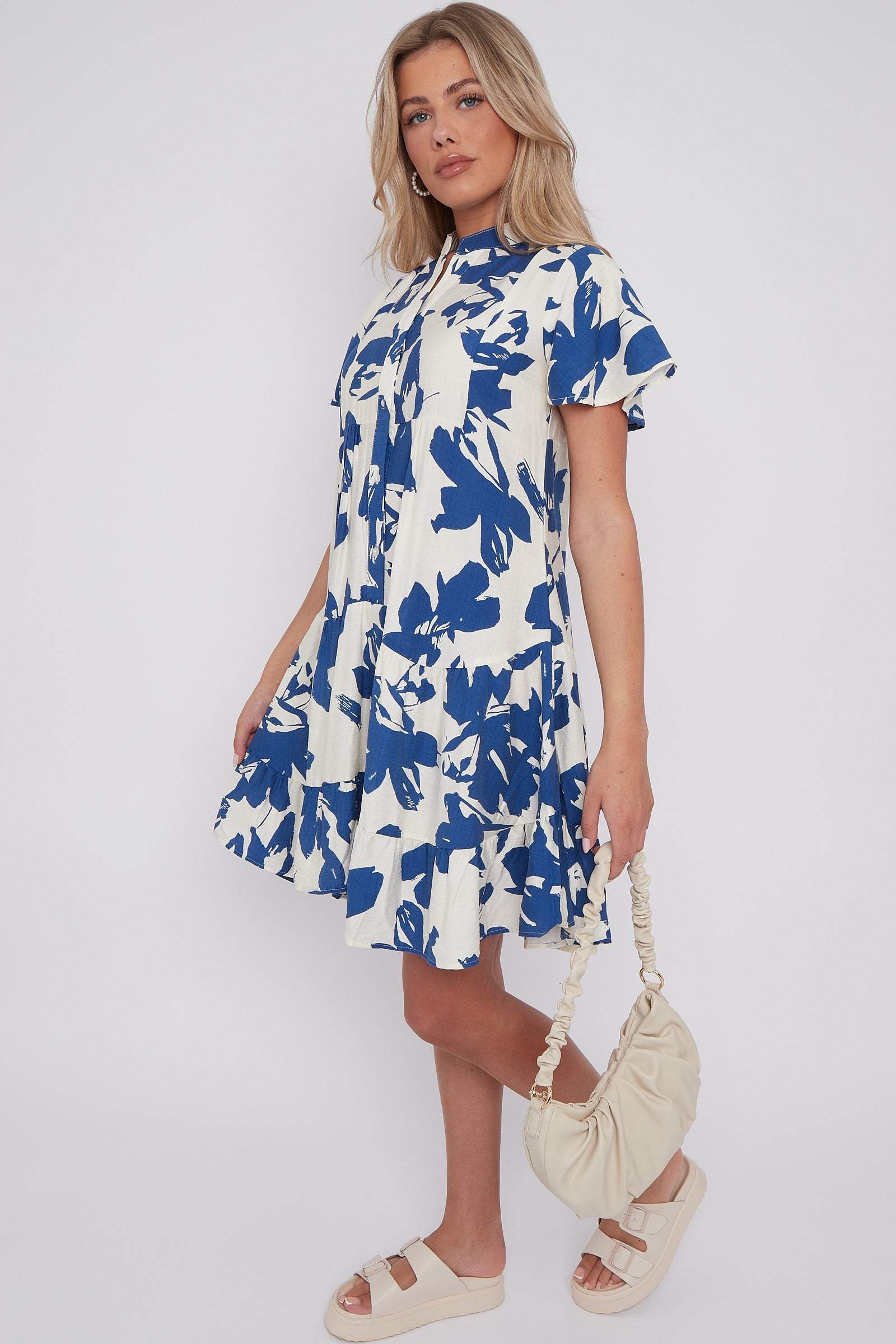 Blue Floral Print Short Sleeve Flared Mini Dress