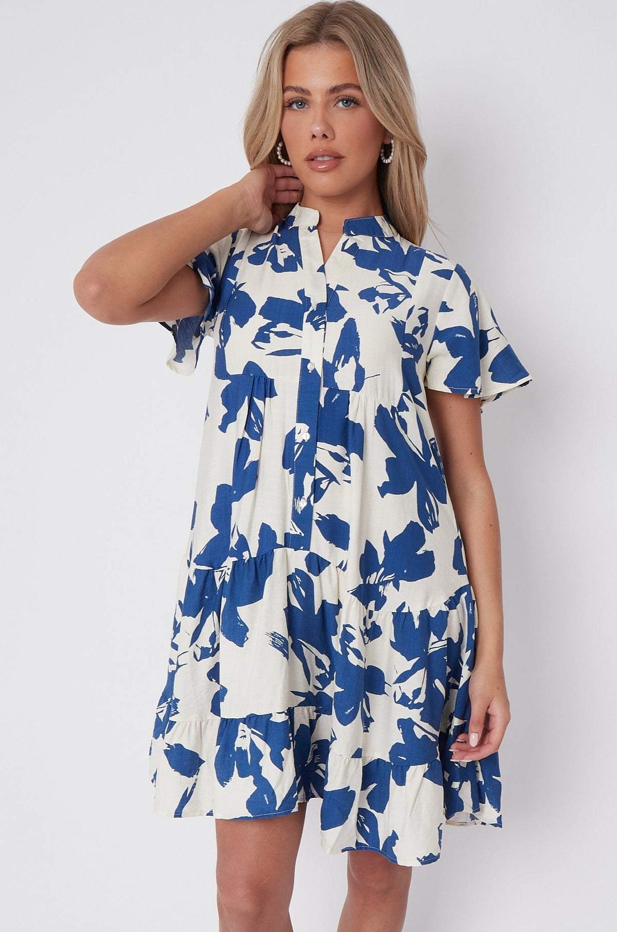 Blue Floral Print Short Sleeve Flared Mini Dress