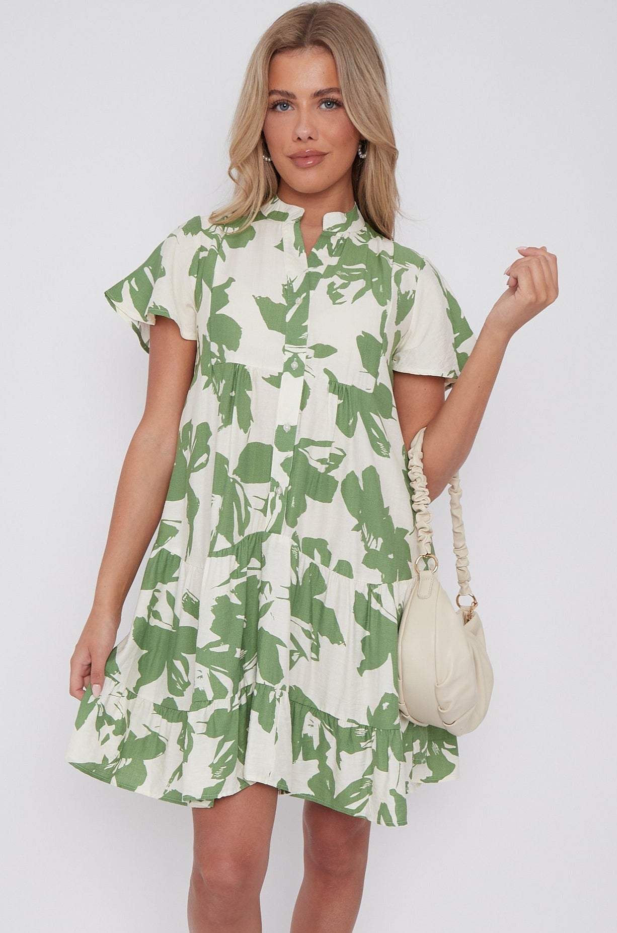 Green Floral Print Short Sleeve Flared Mini Dress