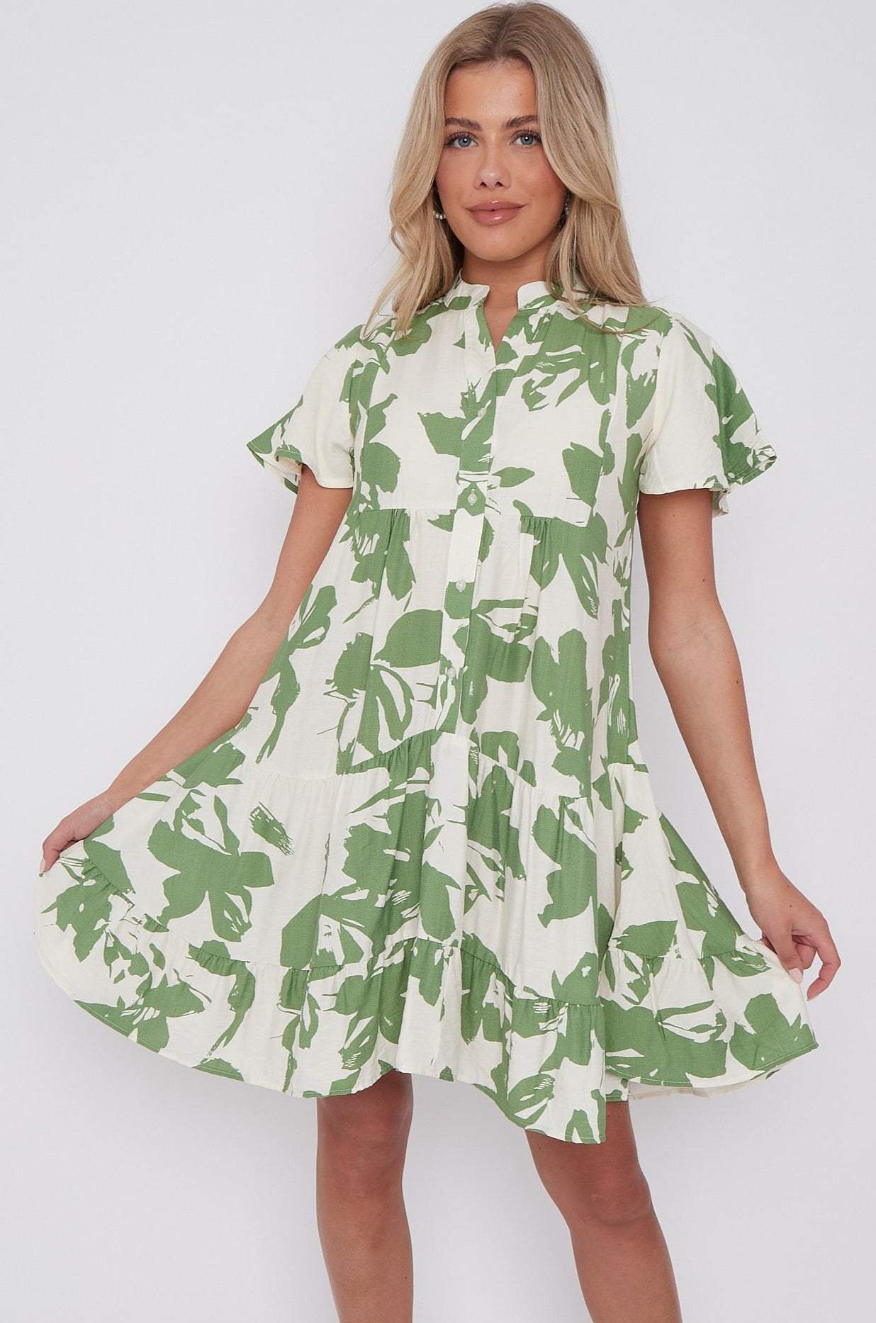 Green Floral Print Short Sleeve Flared Mini Dress