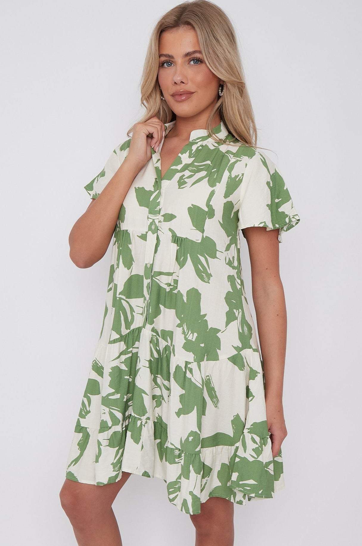 Green Floral Print Short Sleeve Flared Mini Dress