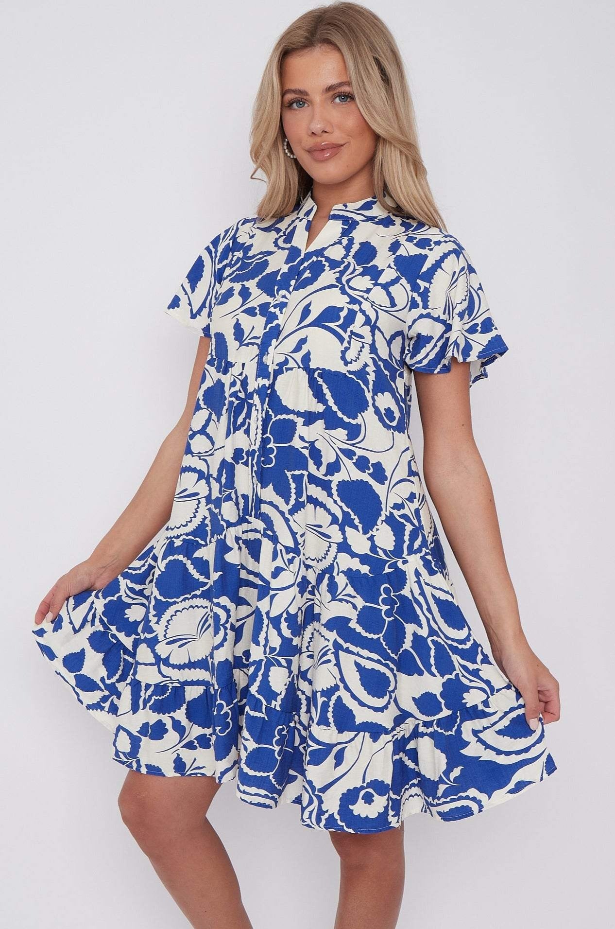 Blue Paisley Floral Print Short Sleeve Flared Mini Dress