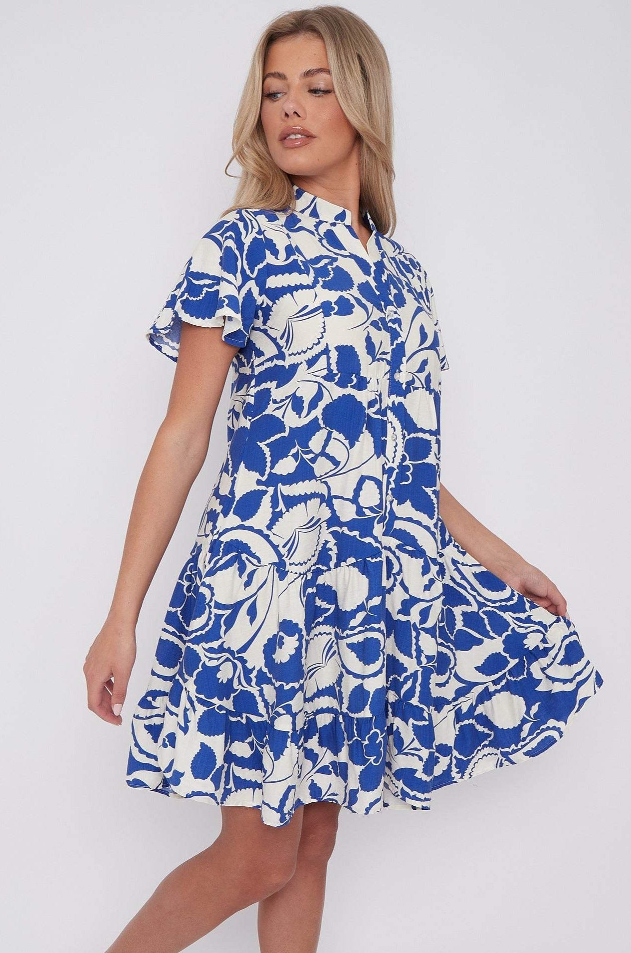 Blue Paisley Floral Print Short Sleeve Flared Mini Dress