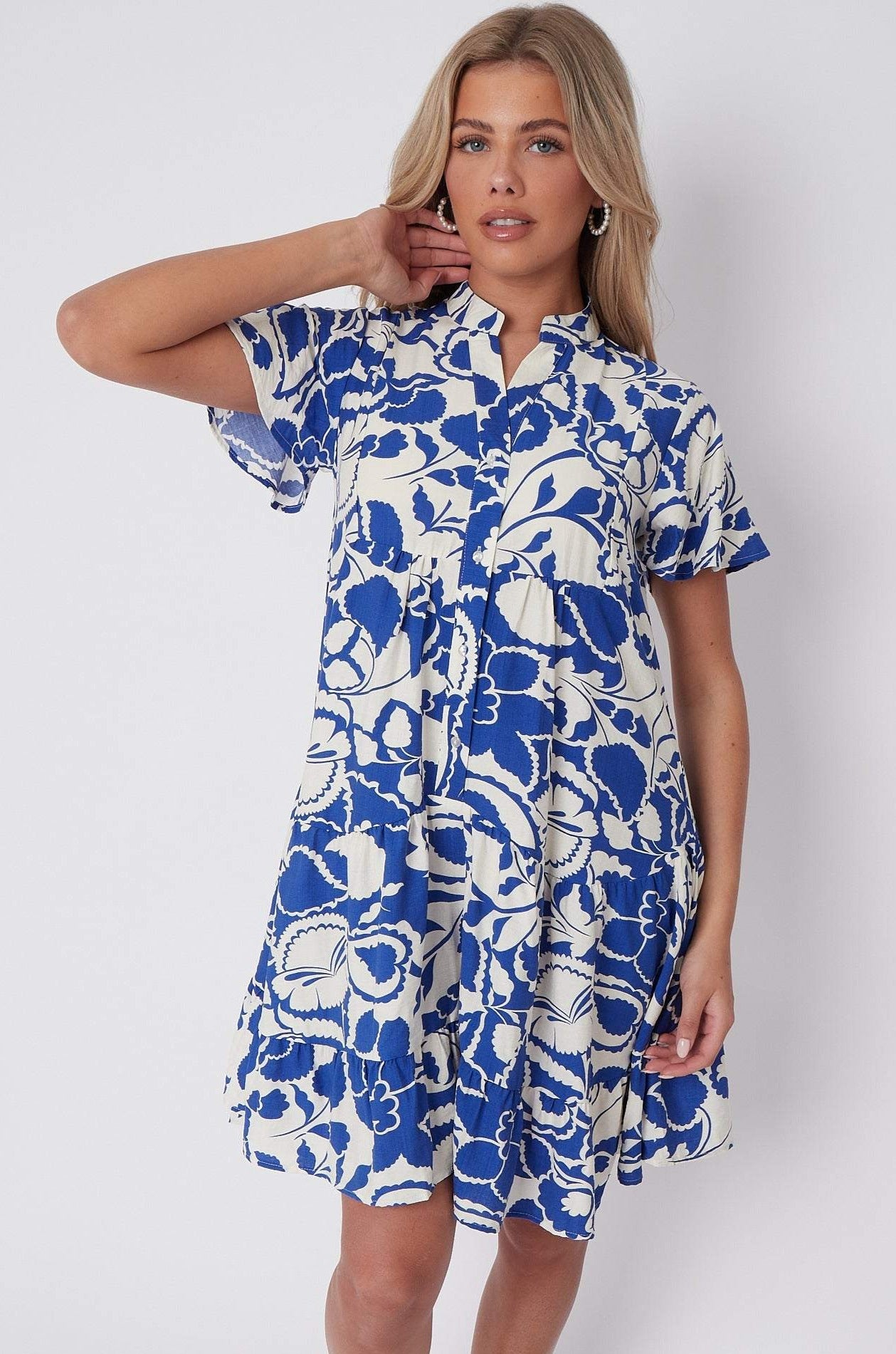 Blue Paisley Floral Print Short Sleeve Flared Mini Dress