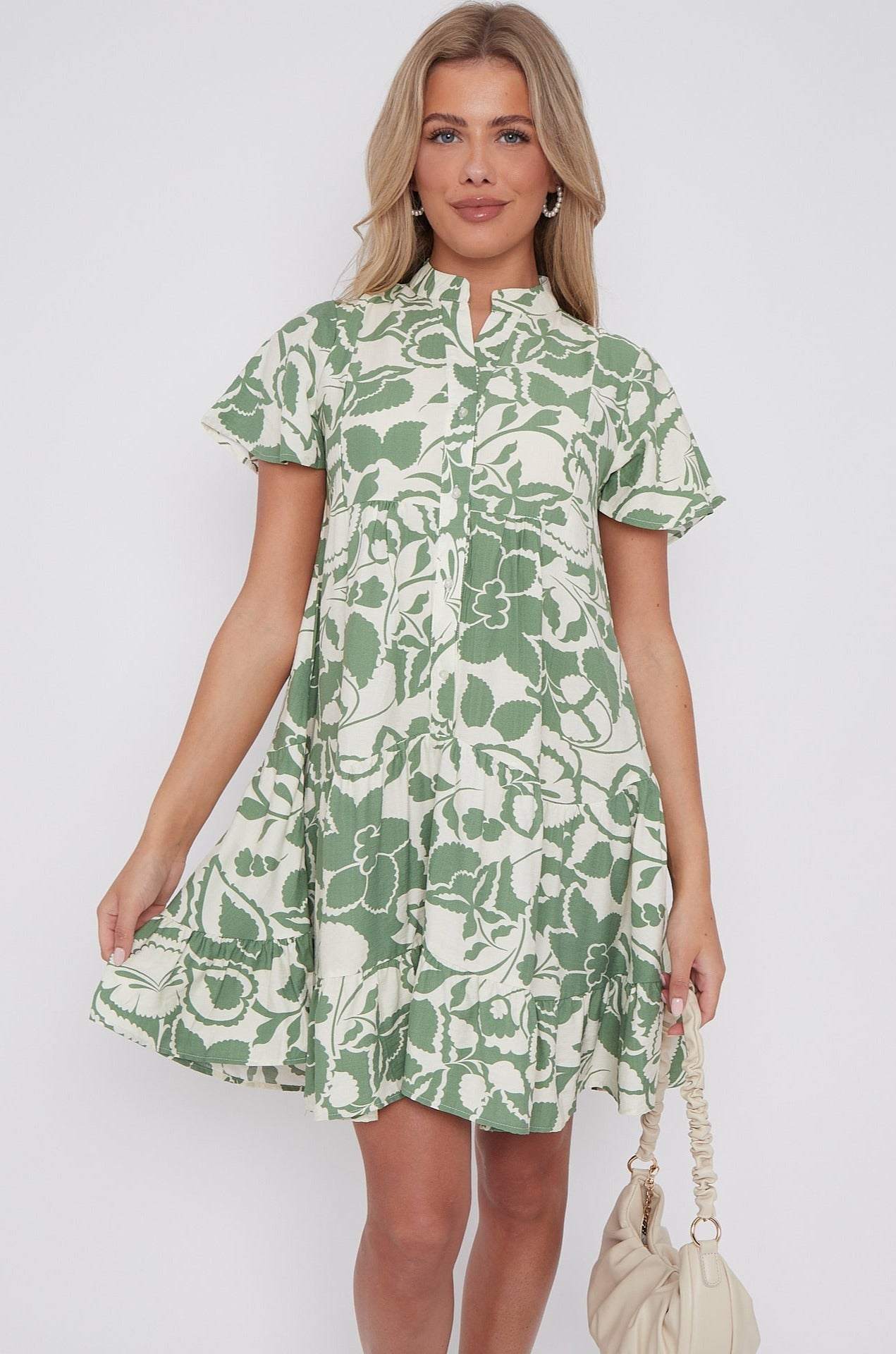 Green Paisley Floral Print Short Sleeve Flared Mini Dress