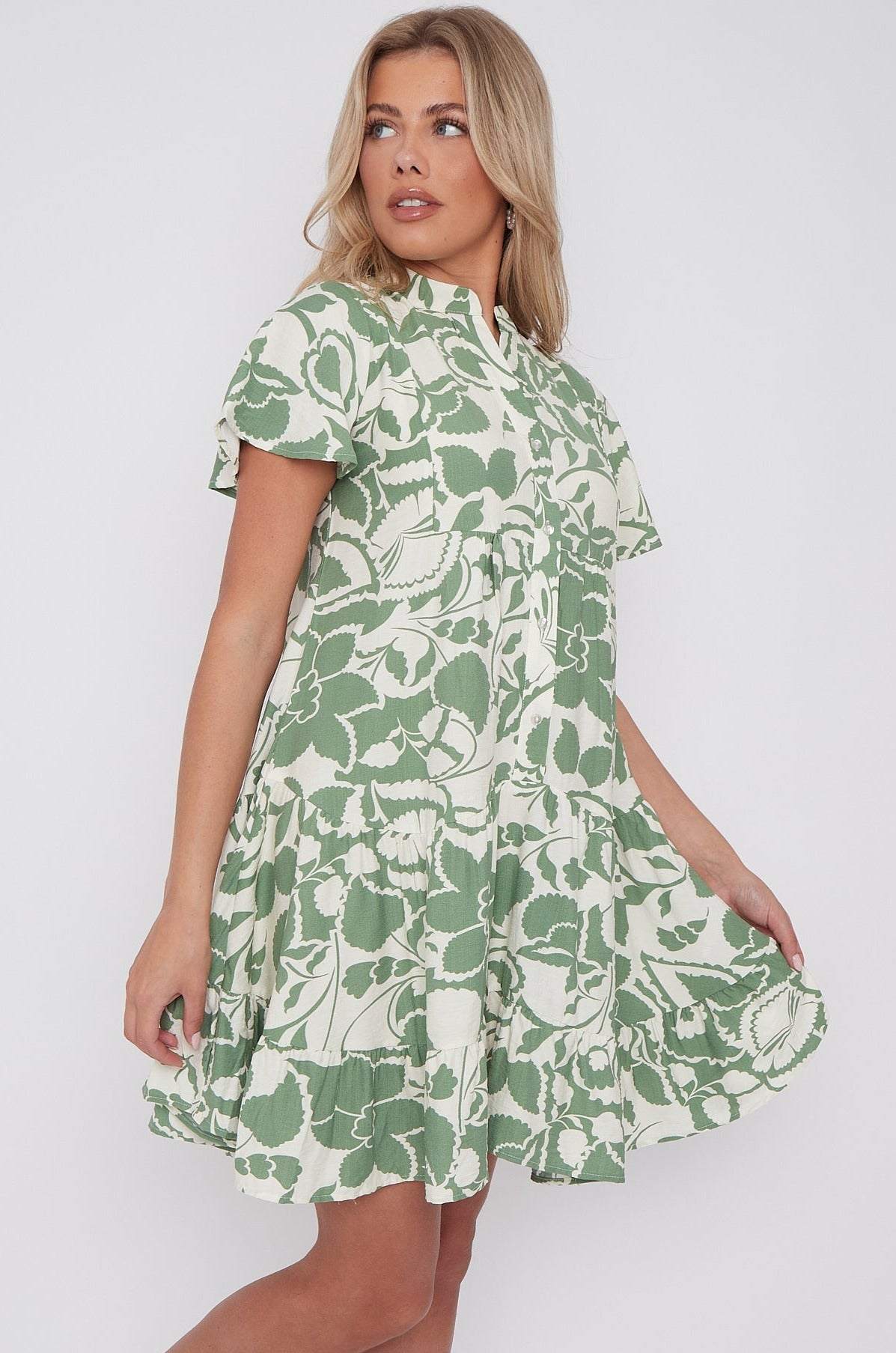 Green Paisley Floral Print Short Sleeve Flared Mini Dress