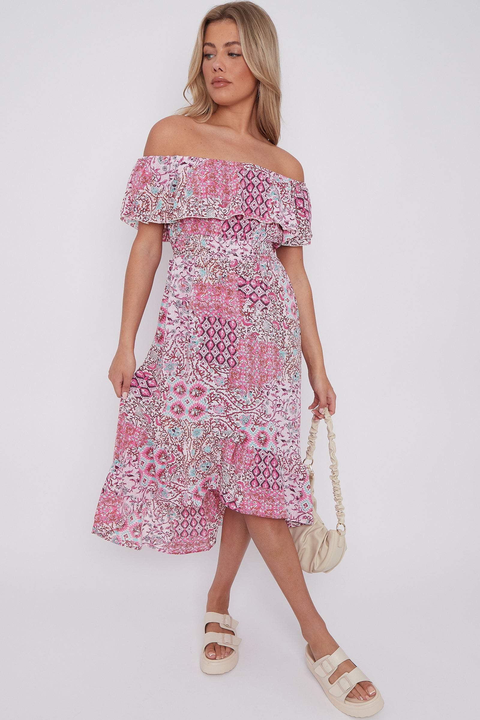 Pink Floral Patch Print Bardot Midi Dress