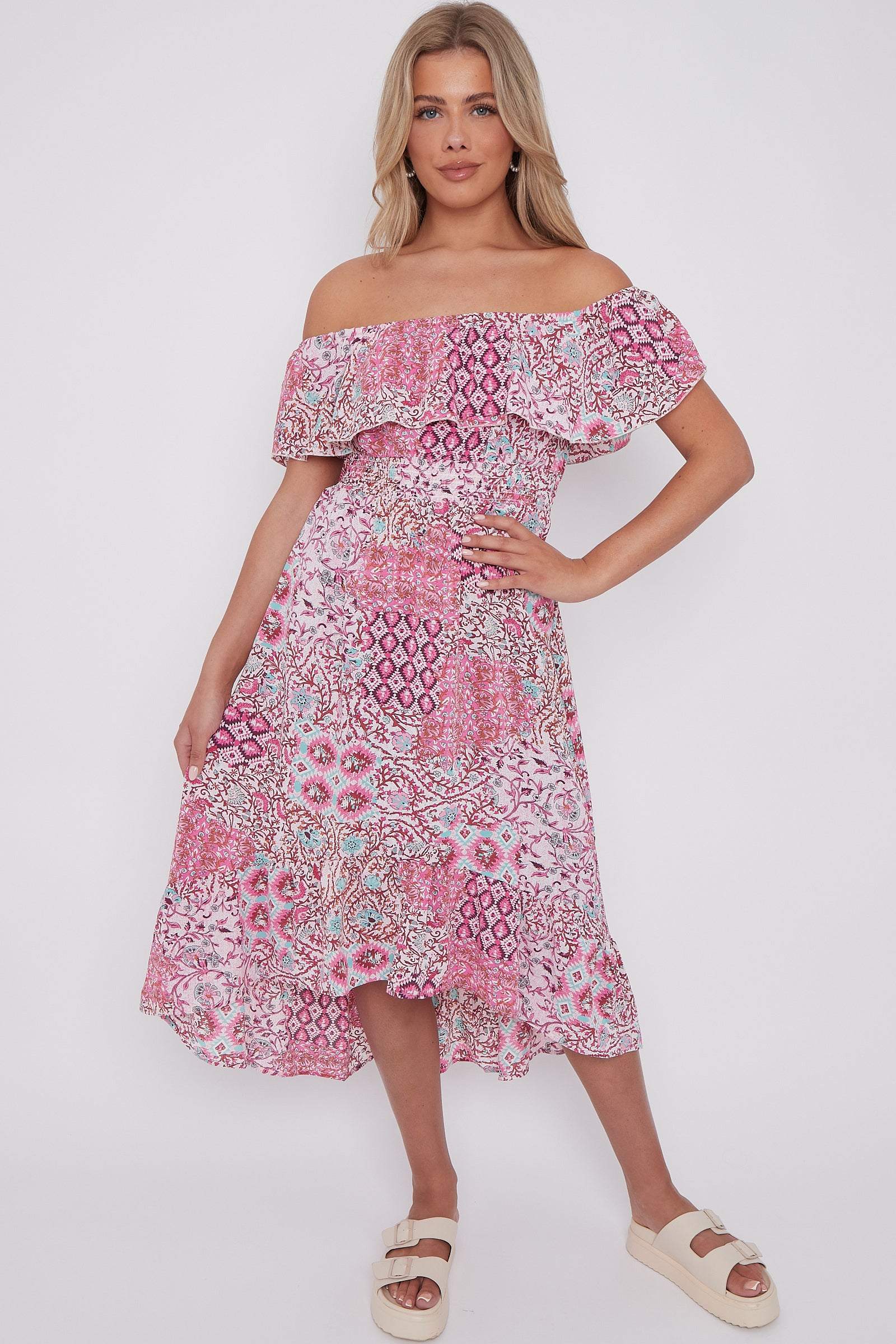 Pink Floral Patch Print Bardot Midi Dress