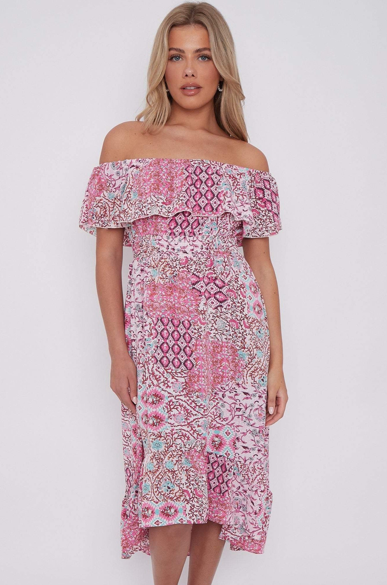 Pink Floral Patch Print Bardot Midi Dress